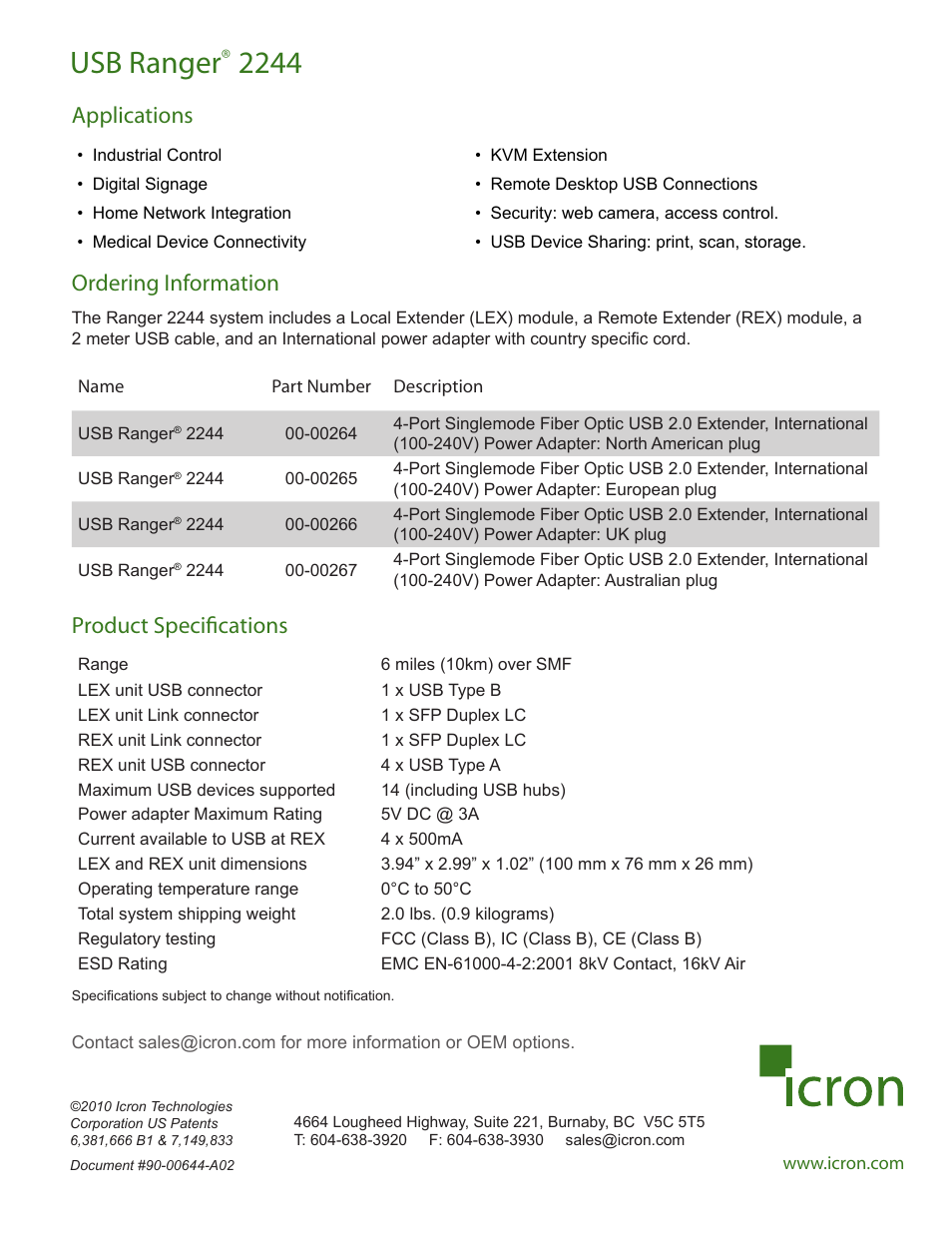Usb ranger, Applications ordering information, Product specifications | Icron Ranger 2244 User Manual | Page 2 / 2