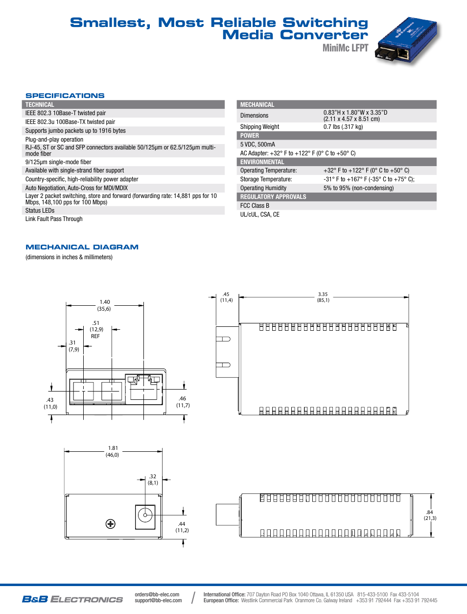Smallest, most reliable switching media converter, Minimc lfpt | B&B Electronics 855-11619--57 - Datasheet User Manual | Page 2 / 2