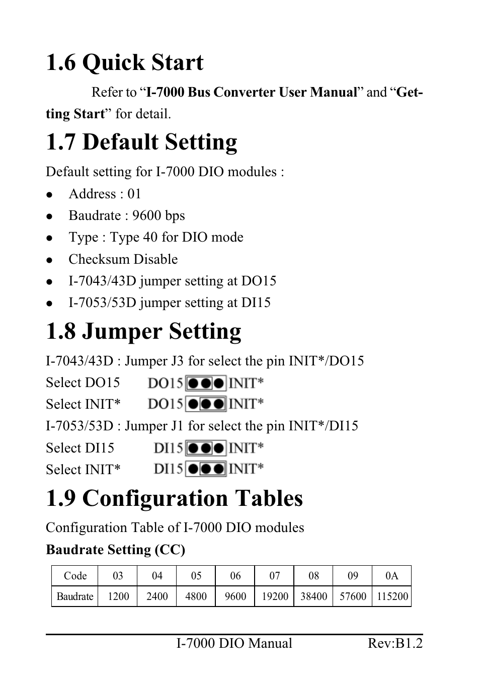 6 quick start, 7 default setting, 8 jumper setting | 9 configuration tables, Default setting for i-7000 dio modules, Address : 01, Baudrate : 9600 bps, Type : type 40 for dio mode, Checksum disable | B&B Electronics I-7060 - Manual User Manual | Page 24 / 64