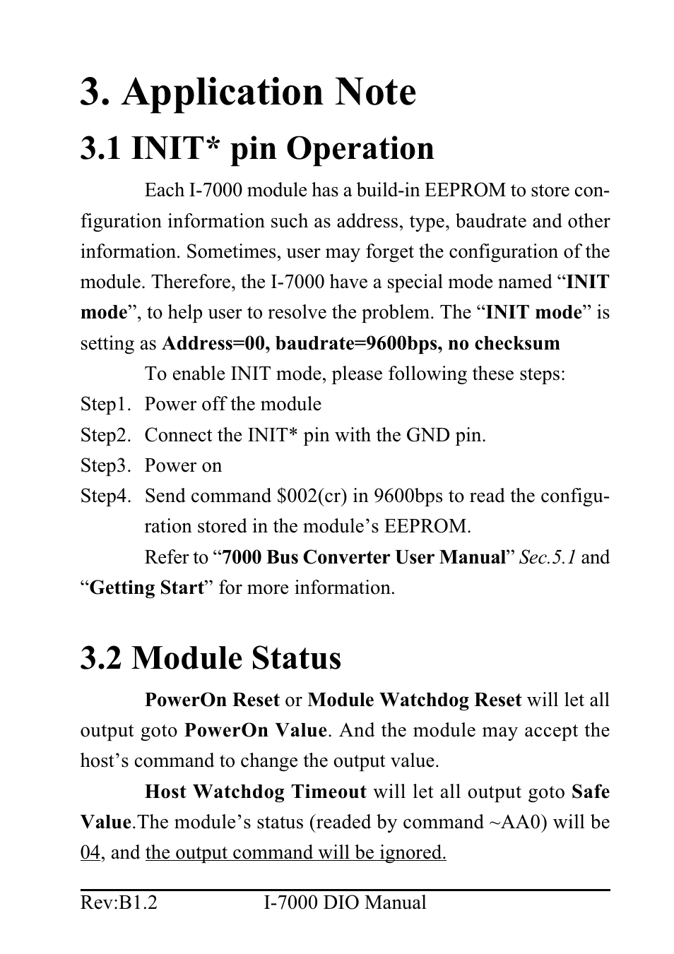 Application note, 1 init* pin operation, 2 module status | B&B Electronics I-7060 - Manual User Manual | Page 57 / 64