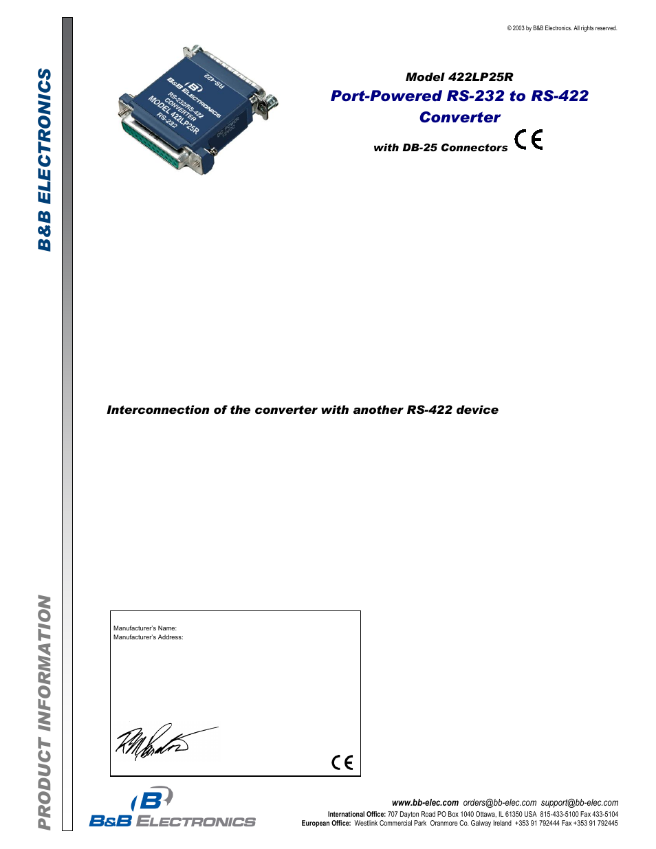 B&B Electronics 422LP25R - Datasheet User Manual | 2 pages