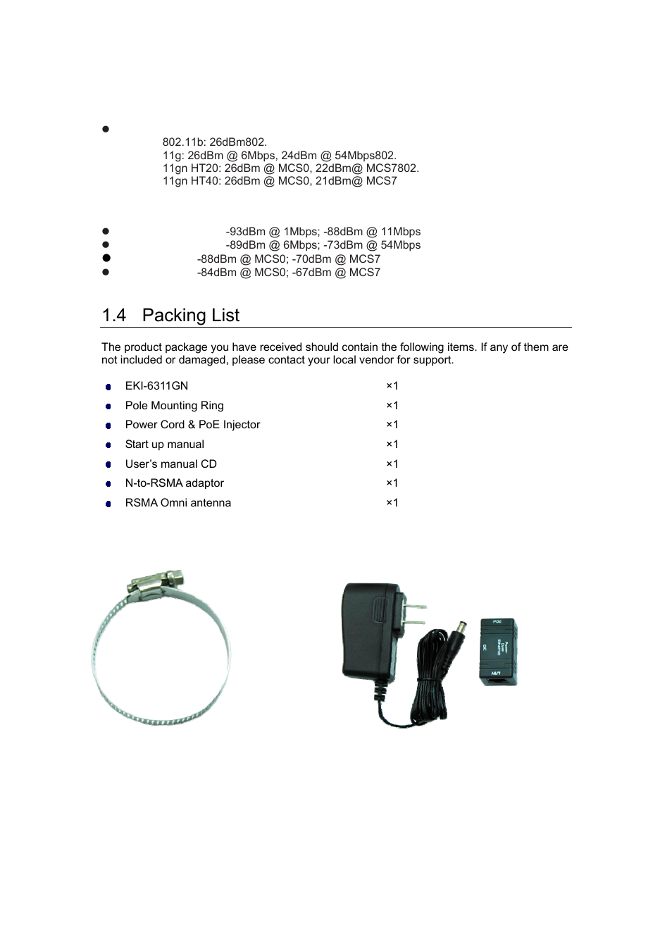 4 packing list, Pole mounting ring, Power cord & poe injector | B&B Electronics EKI-6311GN-EU - Manual User Manual | Page 11 / 56