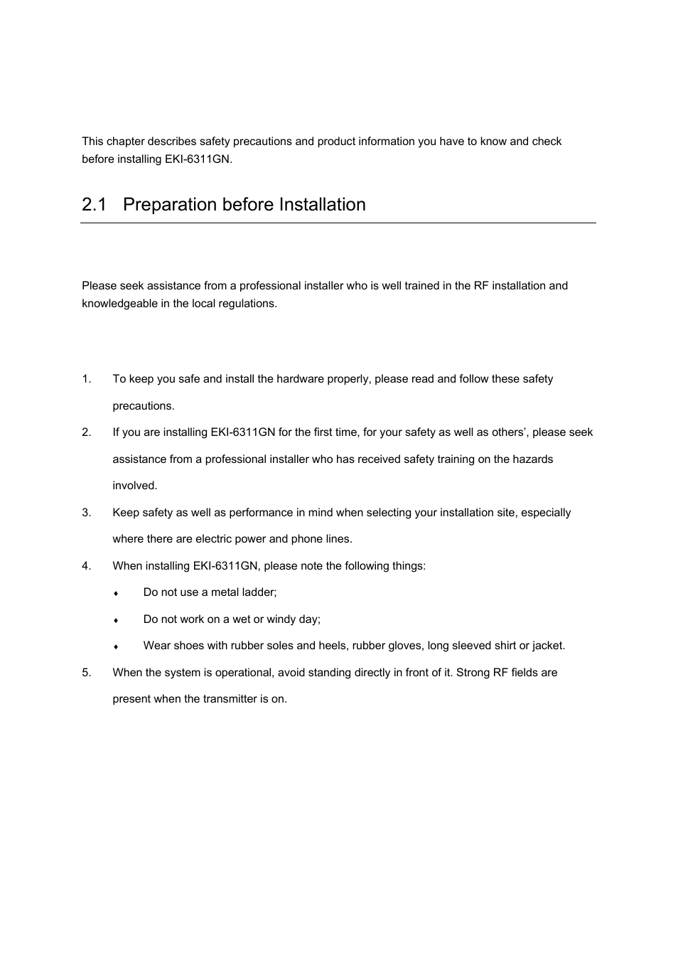 Chapter 2 installation, 1 preparation before installation | B&B Electronics EKI-6311GN-EU - Manual User Manual | Page 14 / 56