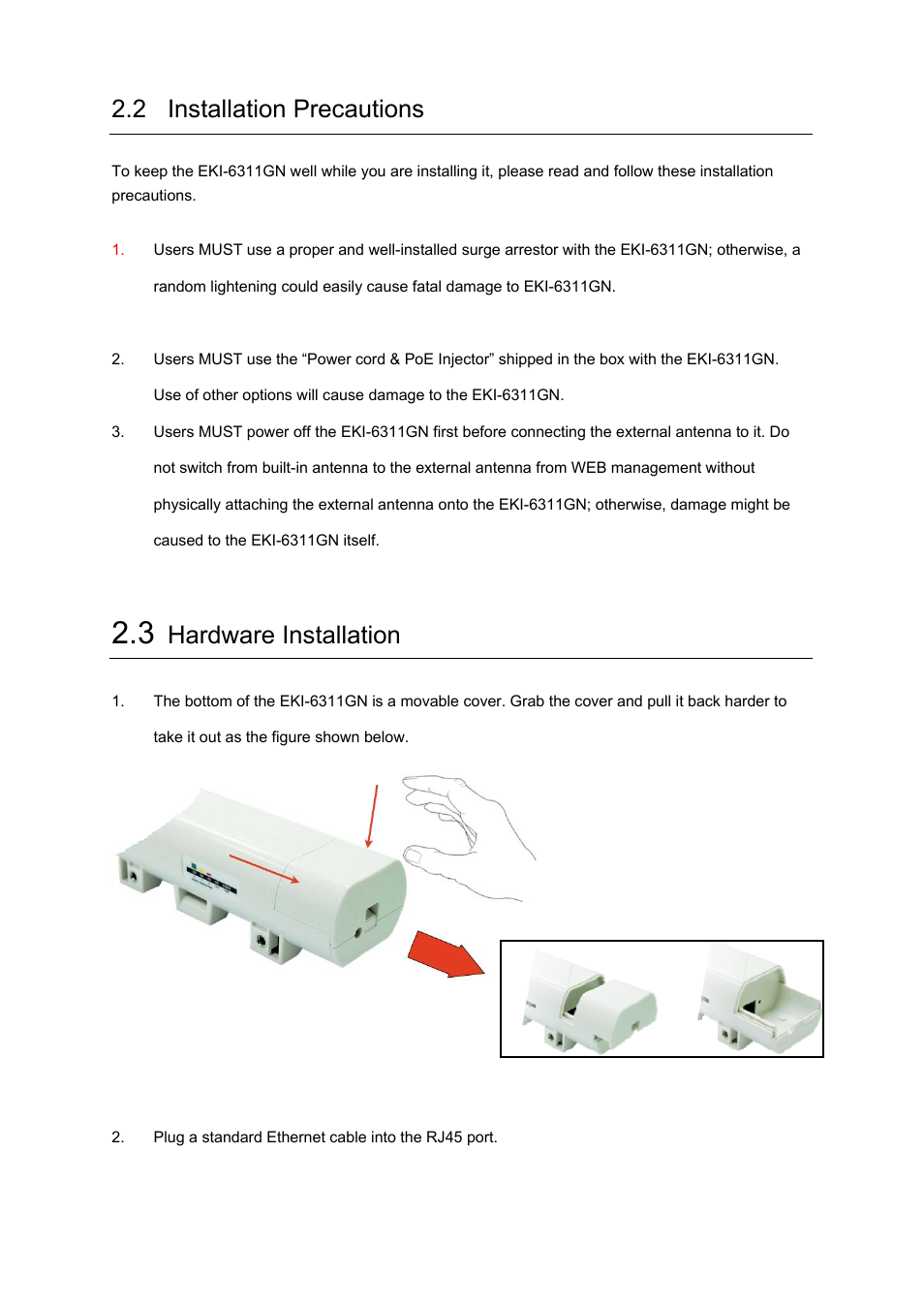 2 installation precautions, Hardware installation | B&B Electronics EKI-6311GN-EU - Manual User Manual | Page 15 / 56