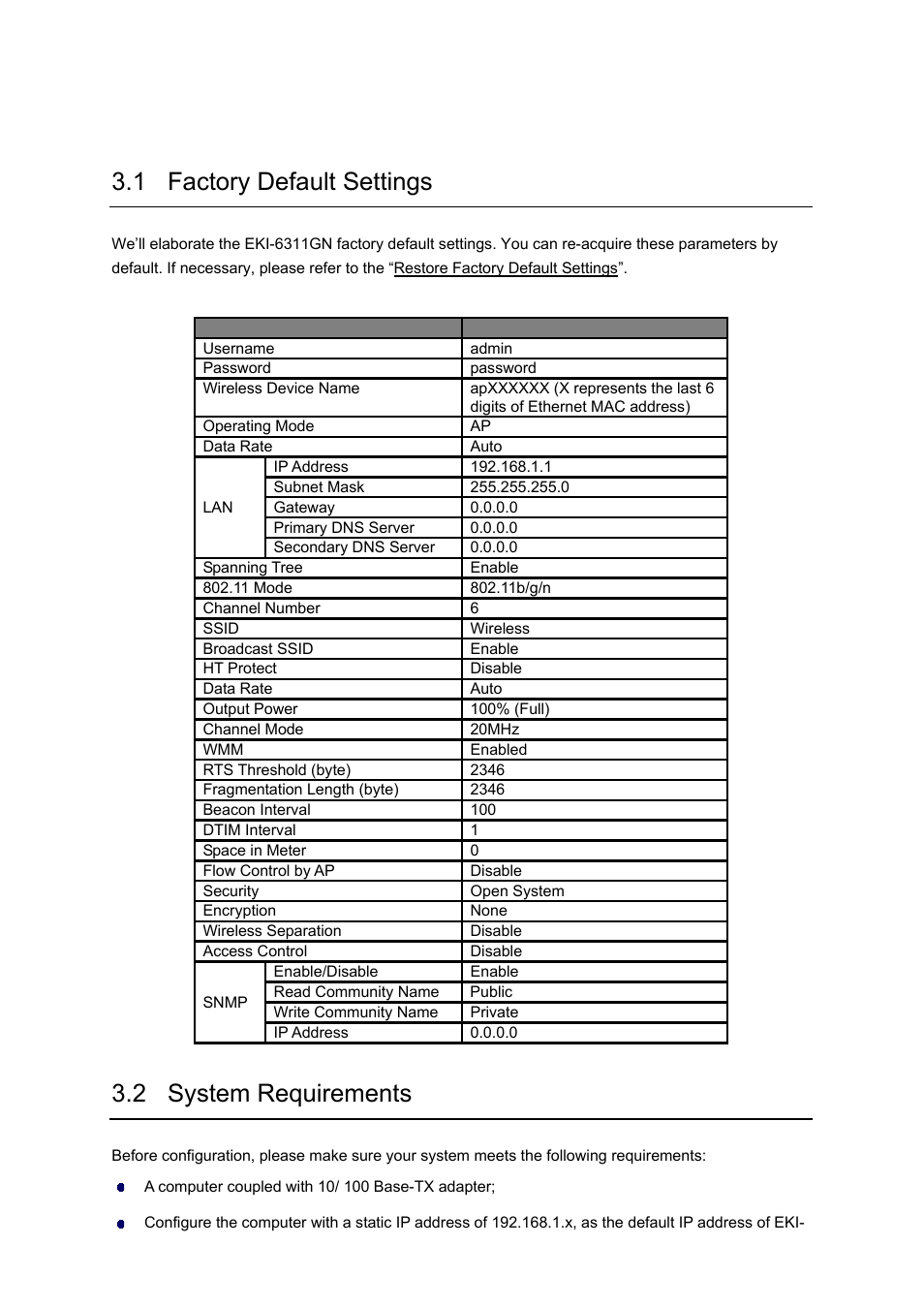 Chapter 3 basic settings, 1 factory default settings, 2 system requirements | B&B Electronics EKI-6311GN-EU - Manual User Manual | Page 22 / 56