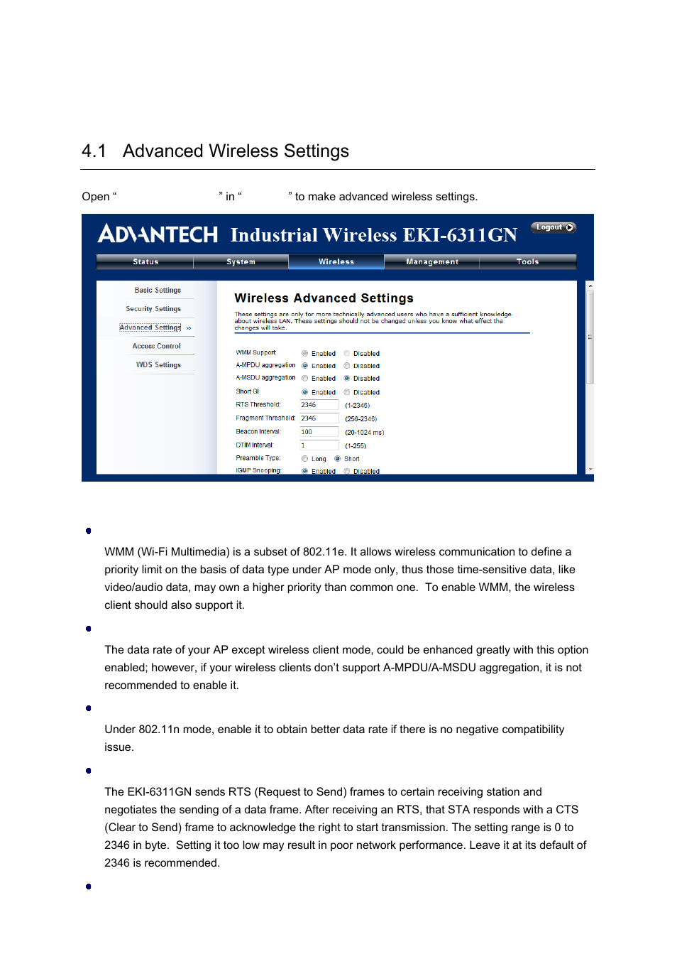 Chapter 4 advanced settings, 1 advanced wireless settings | B&B Electronics EKI-6311GN-EU - Manual User Manual | Page 35 / 56