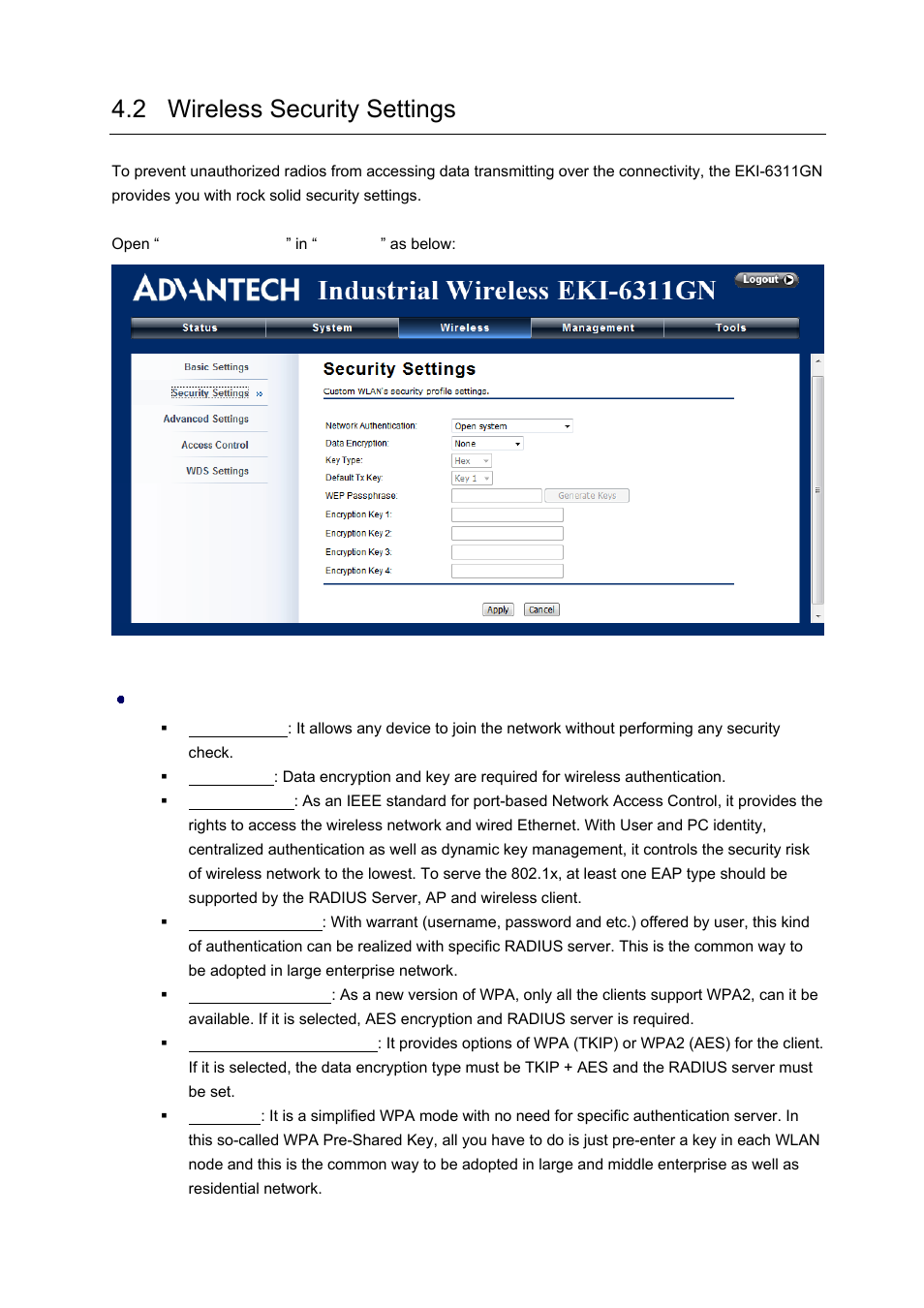 2 wireless security settings, Security settings | B&B Electronics EKI-6311GN-EU - Manual User Manual | Page 37 / 56