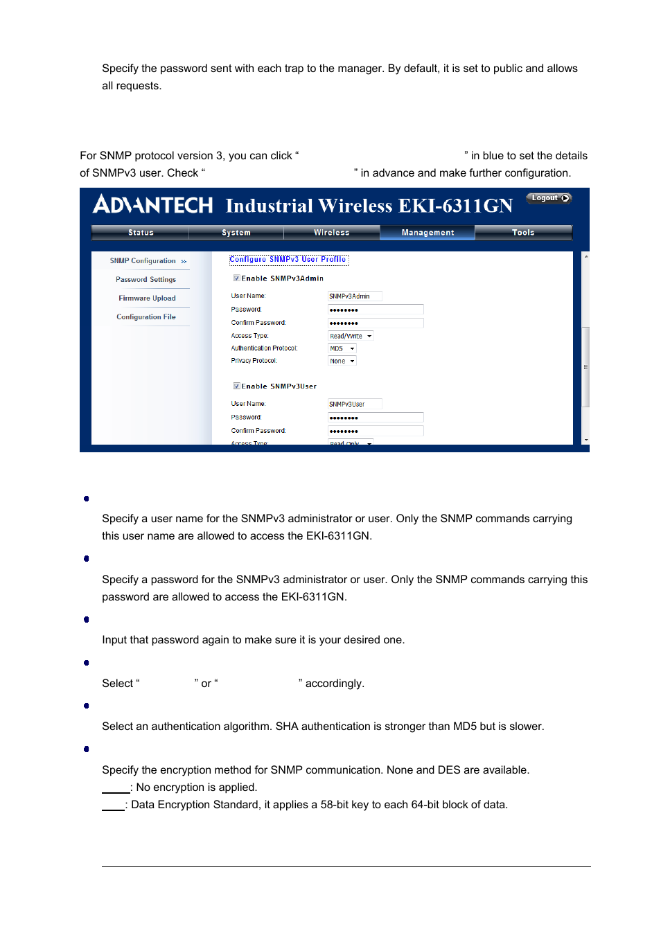 Configure snmpv3 user profile | B&B Electronics EKI-6311GN-EU - Manual User Manual | Page 42 / 56