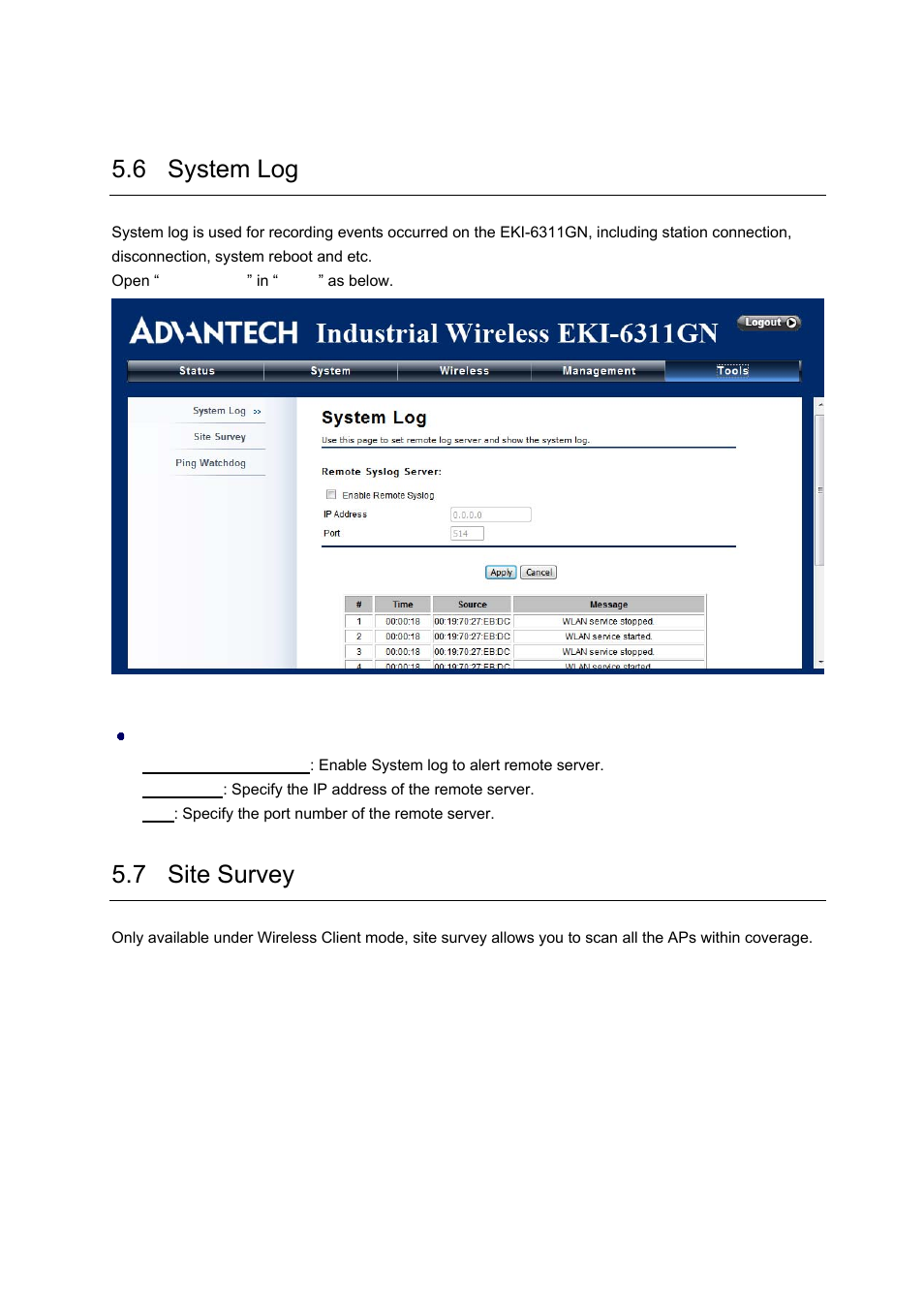 6 system log, 7 site survey | B&B Electronics EKI-6311GN-EU - Manual User Manual | Page 47 / 56