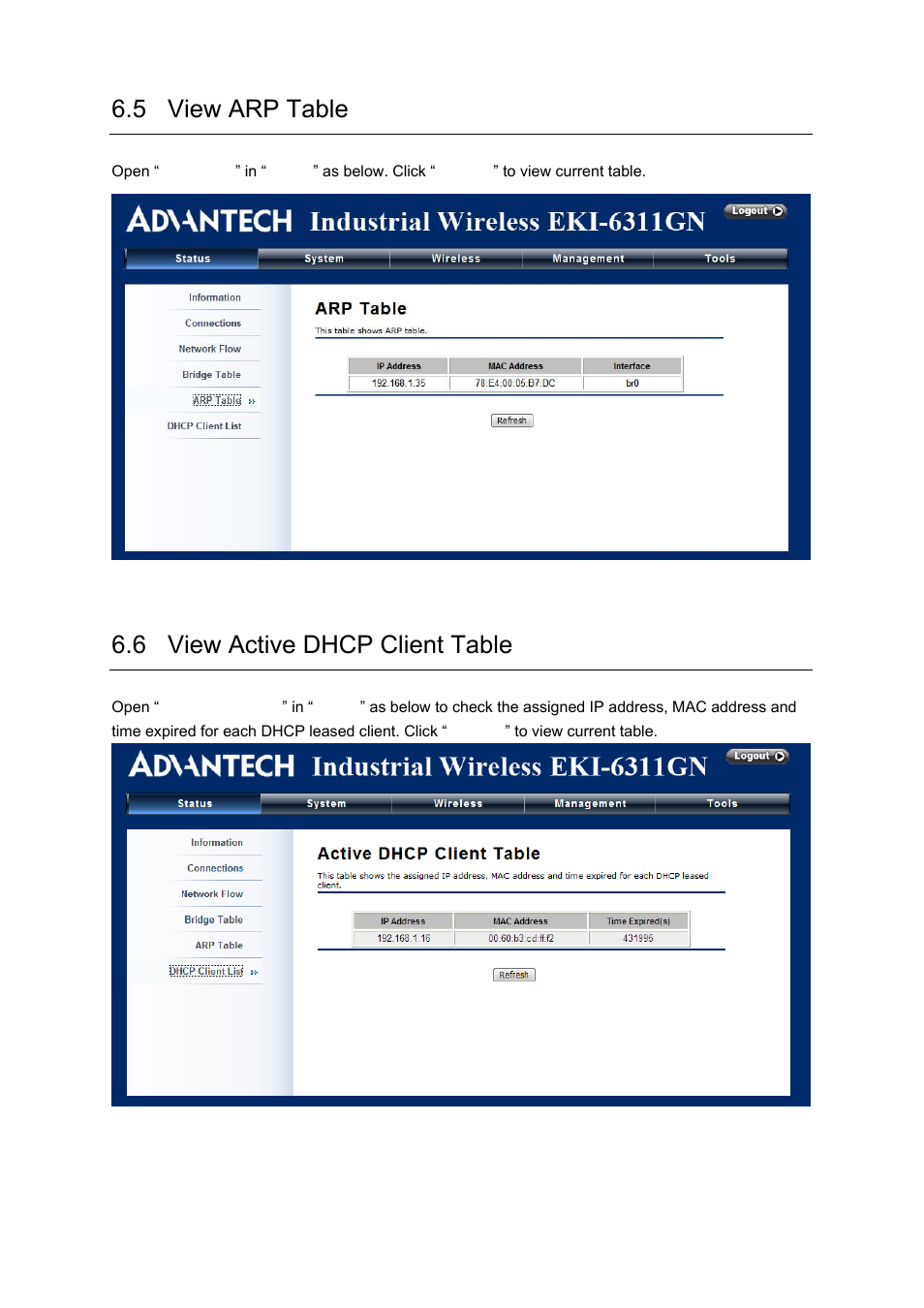 5 view arp table, 6 view active dhcp client table | B&B Electronics EKI-6311GN-EU - Manual User Manual | Page 53 / 56