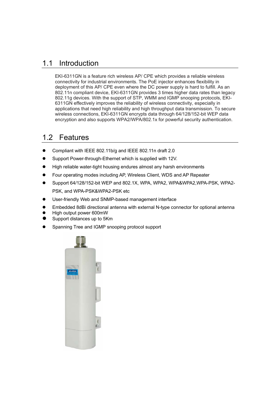 Chapter 1 overview, 1 introduction, 2 features | B&B Electronics EKI-6311GN-EU - Manual User Manual | Page 9 / 56