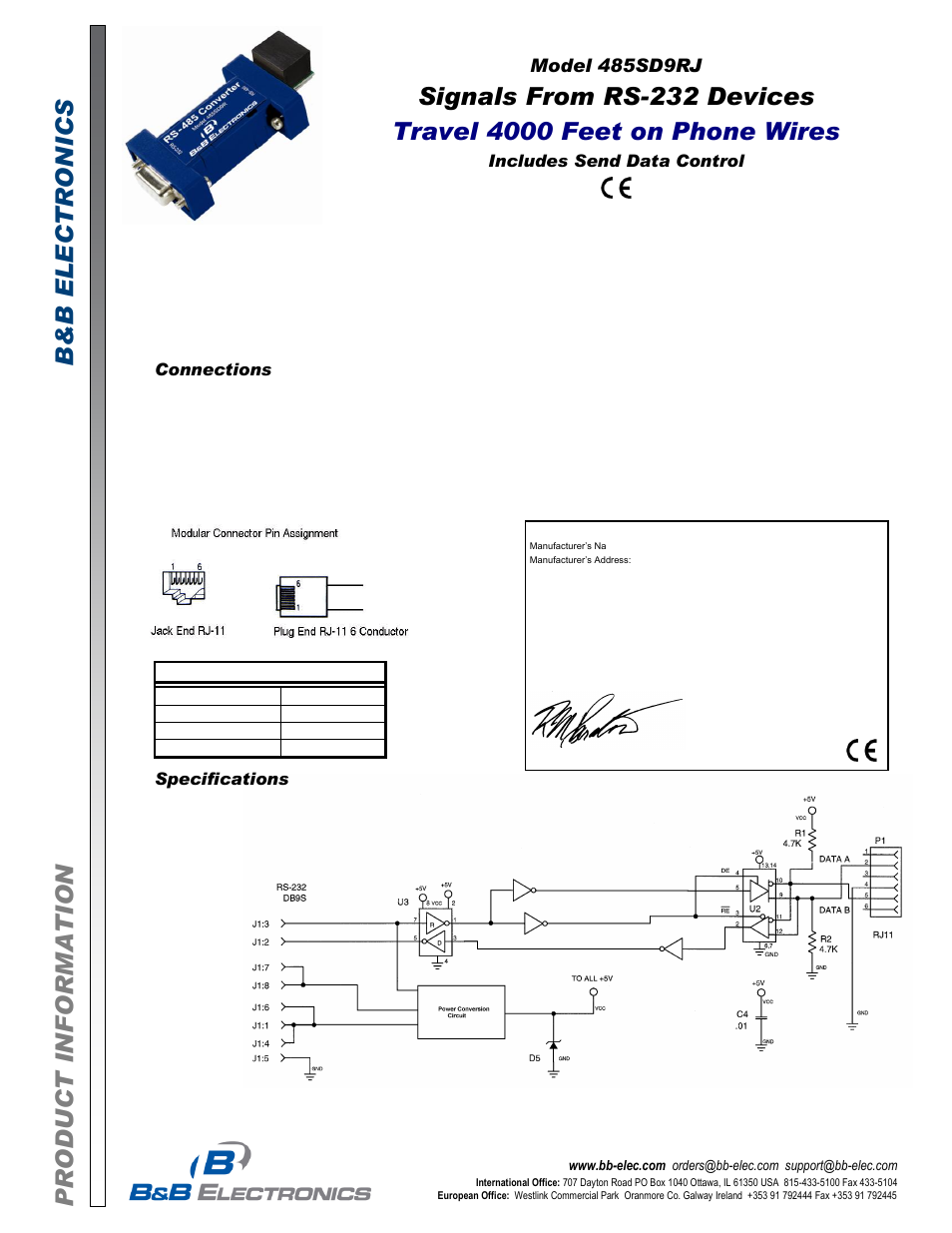 B&B Electronics 485SD9RJ - Datasheet User Manual | 1 page