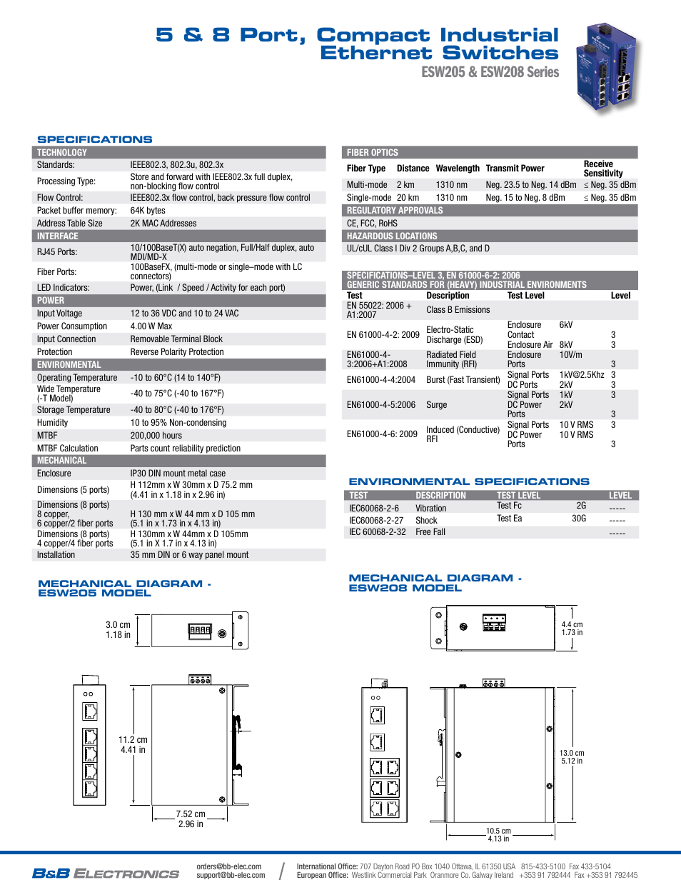 5 & 8 port, compact industrial ethernet switches, Esw205 series, Esw208 series - 8 copper ports | B&B Electronics ESW208 Series - Datasheet User Manual | Page 2 / 2