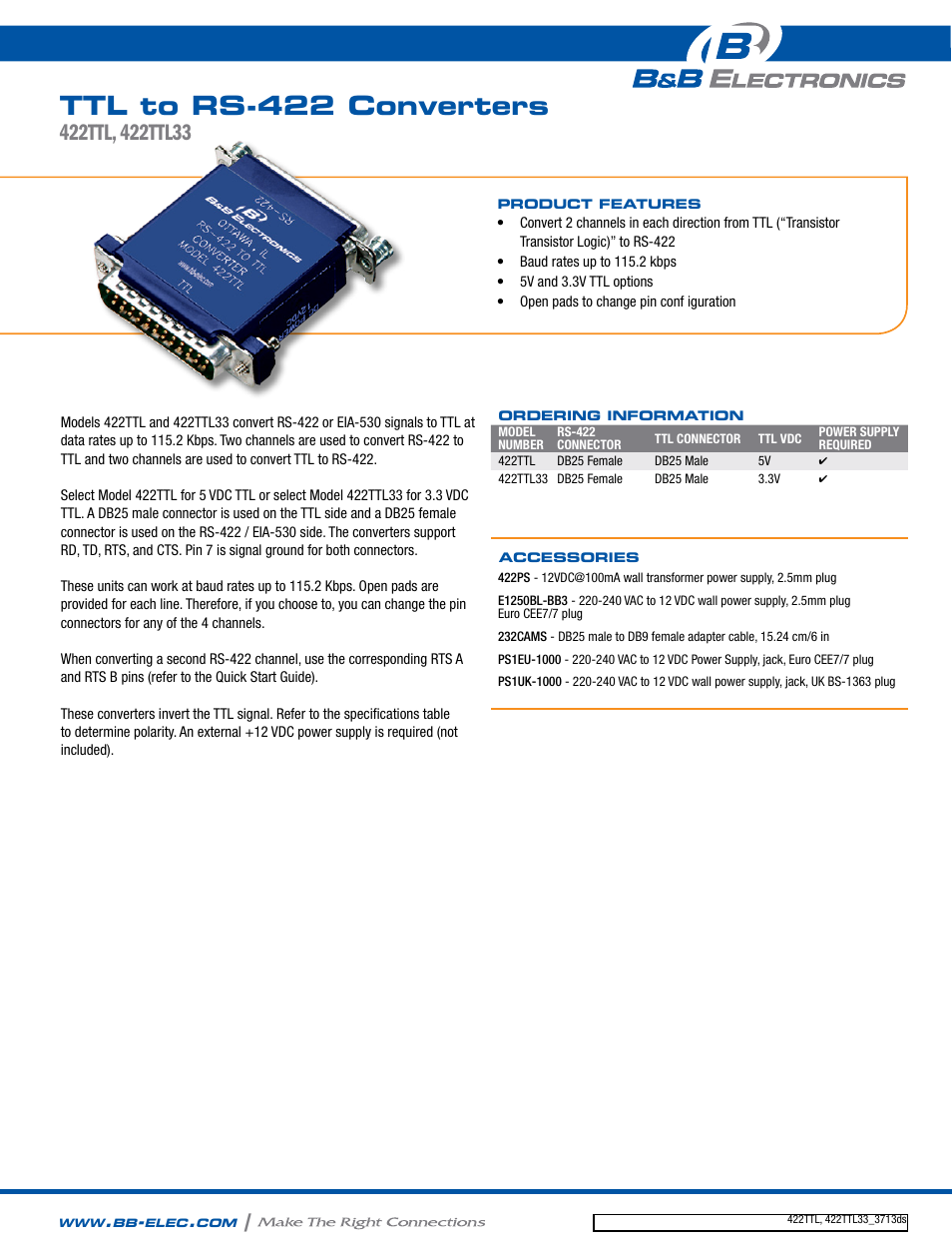 B&B Electronics 422TTL33 - Datasheet User Manual | 2 pages