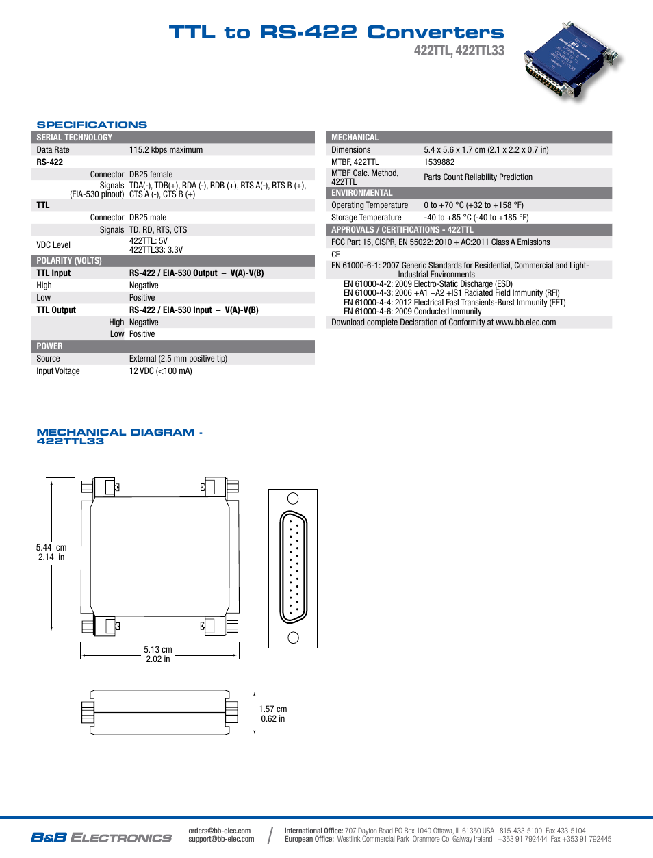 Ttl to rs-422 converters | B&B Electronics 422TTL33 - Datasheet User Manual | Page 2 / 2