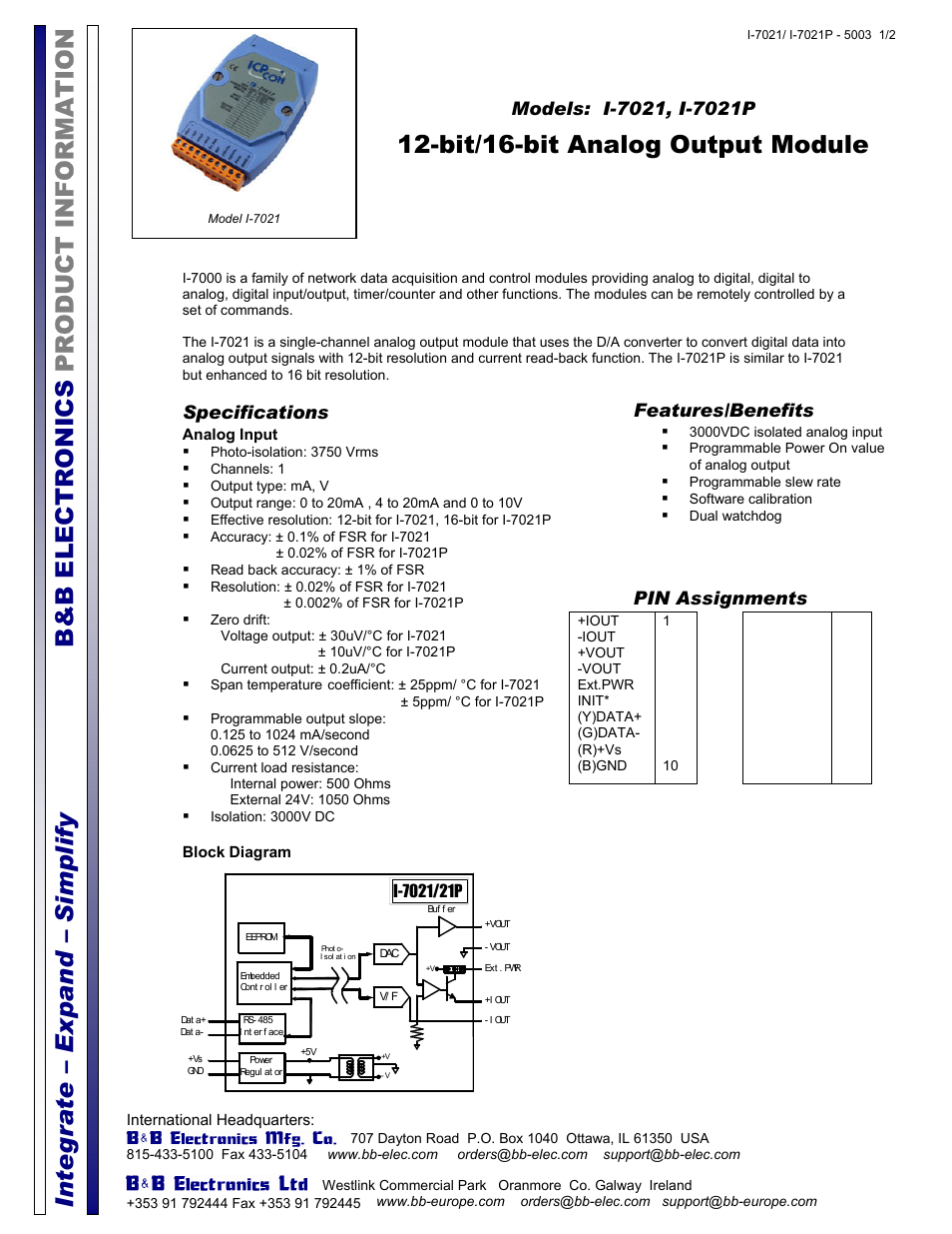 B&B Electronics I-7021_P - Datasheet User Manual | 2 pages