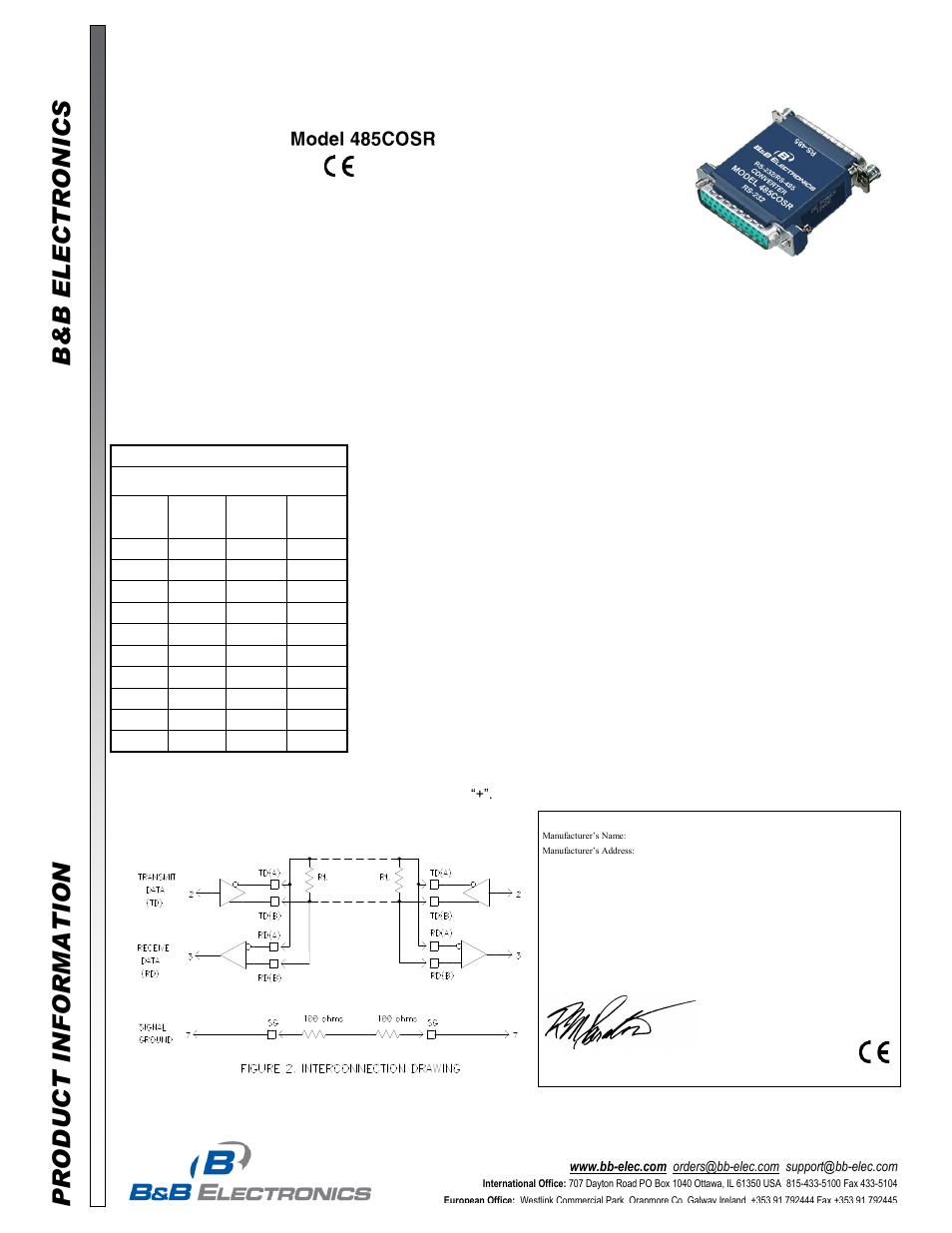 B&B Electronics 485COSR - Datasheet User Manual | 2 pages