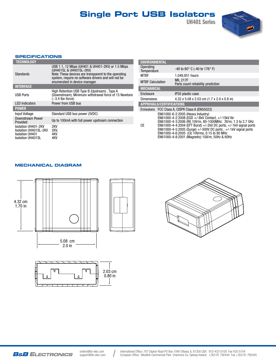 Single port usb isolators, Uh401 series | B&B Electronics UH401SL_2KV - Datasheet User Manual | Page 2 / 2