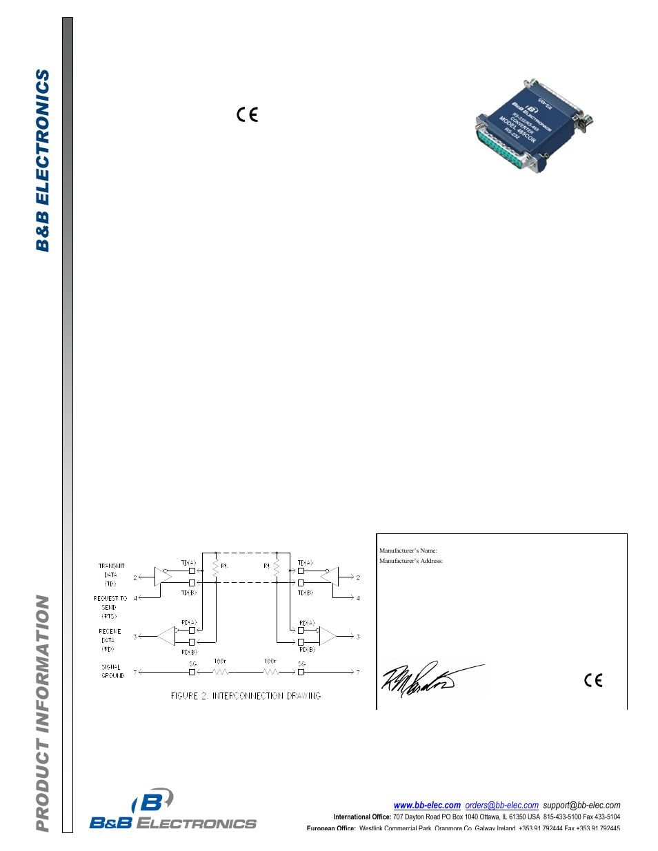 B&B Electronics 485COR - Datasheet User Manual | 2 pages