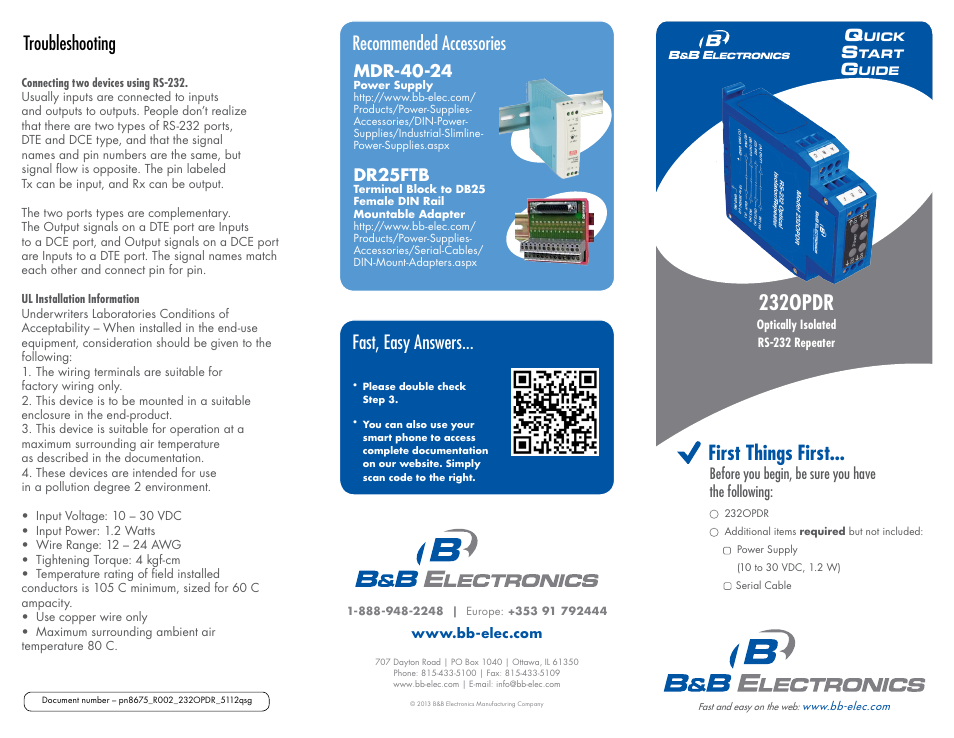 232opdr, First things first, Troubleshooting fast, easy answers | Recommended accessories, Mdr-40-24, Dr25ftb | B&B Electronics 232OPDR - Quick Start Guide User Manual | Page 2 / 2