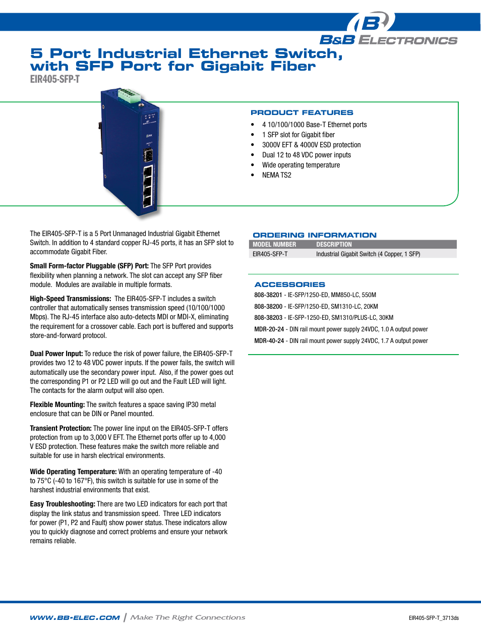 B&B Electronics EIR405-SFP-T - Datasheet User Manual | 2 pages