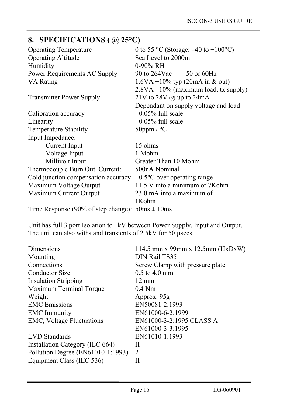 Specifications \( @ 25°c\), Specifications ( @ 25°c) | B&B Electronics ISOCON-3 - Manual User Manual | Page 16 / 16