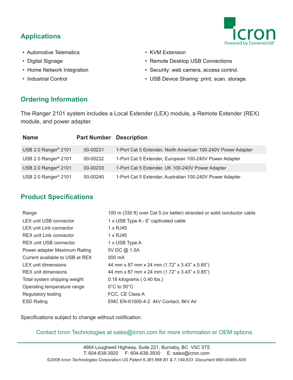 Applications, Ordering information, Product specifications | Icron Ranger 2101 User Manual | Page 2 / 2