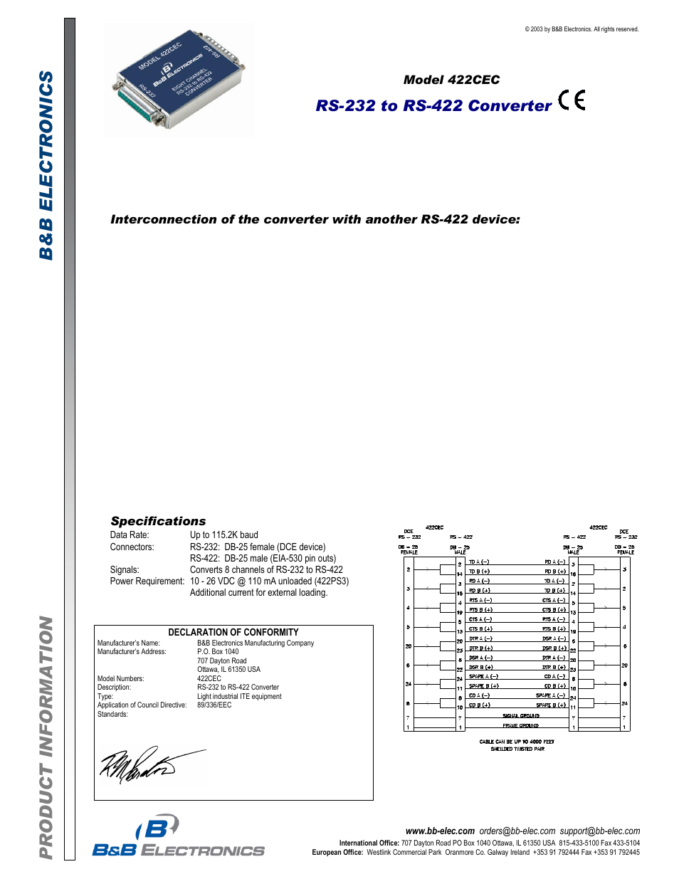 B&B Electronics 422CEC - Datasheet User Manual | 2 pages