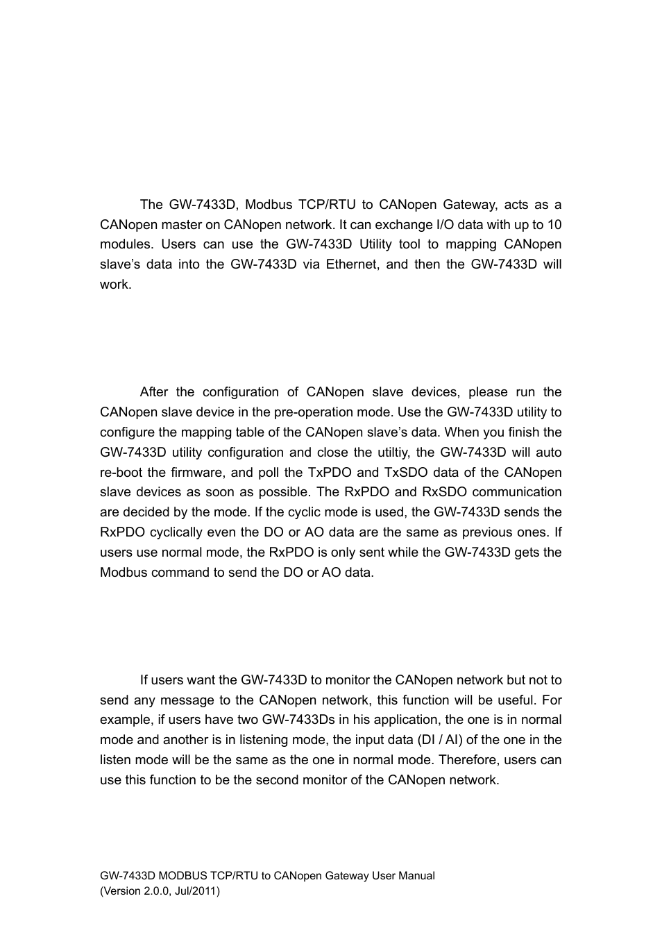 3 canopen interface, 1 network communication, 2 slave device communication | 3 listen mode, Canopen interface 3.1, Network communication, Slave device communication, Listen mode | B&B Electronics GW-7433D - Manual User Manual | Page 22 / 30