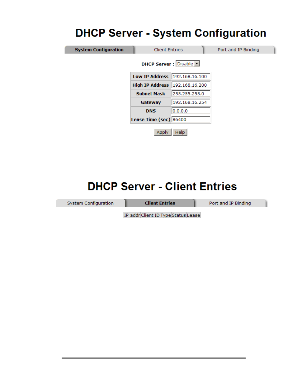 Dhcp client entries, Dhcp server - port and ip bindings | B&B Electronics EIR610-3SFP-T - Manual User Manual | Page 58 / 107