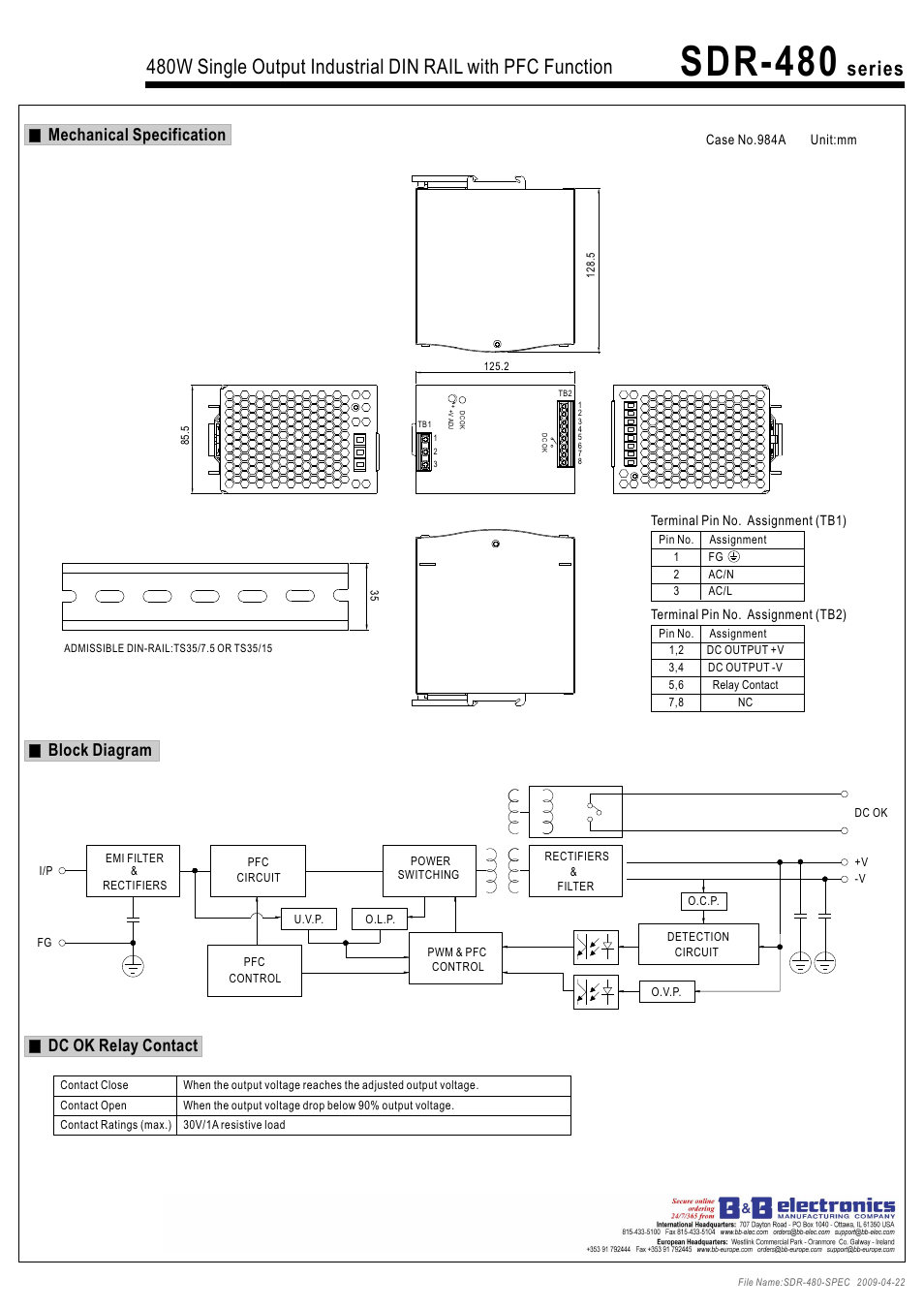 Sdr-480, Mechanical specification, Block diagram dc ok relay contact | B&B Electronics SDR-480 Series - Datasheet User Manual | Page 2 / 3