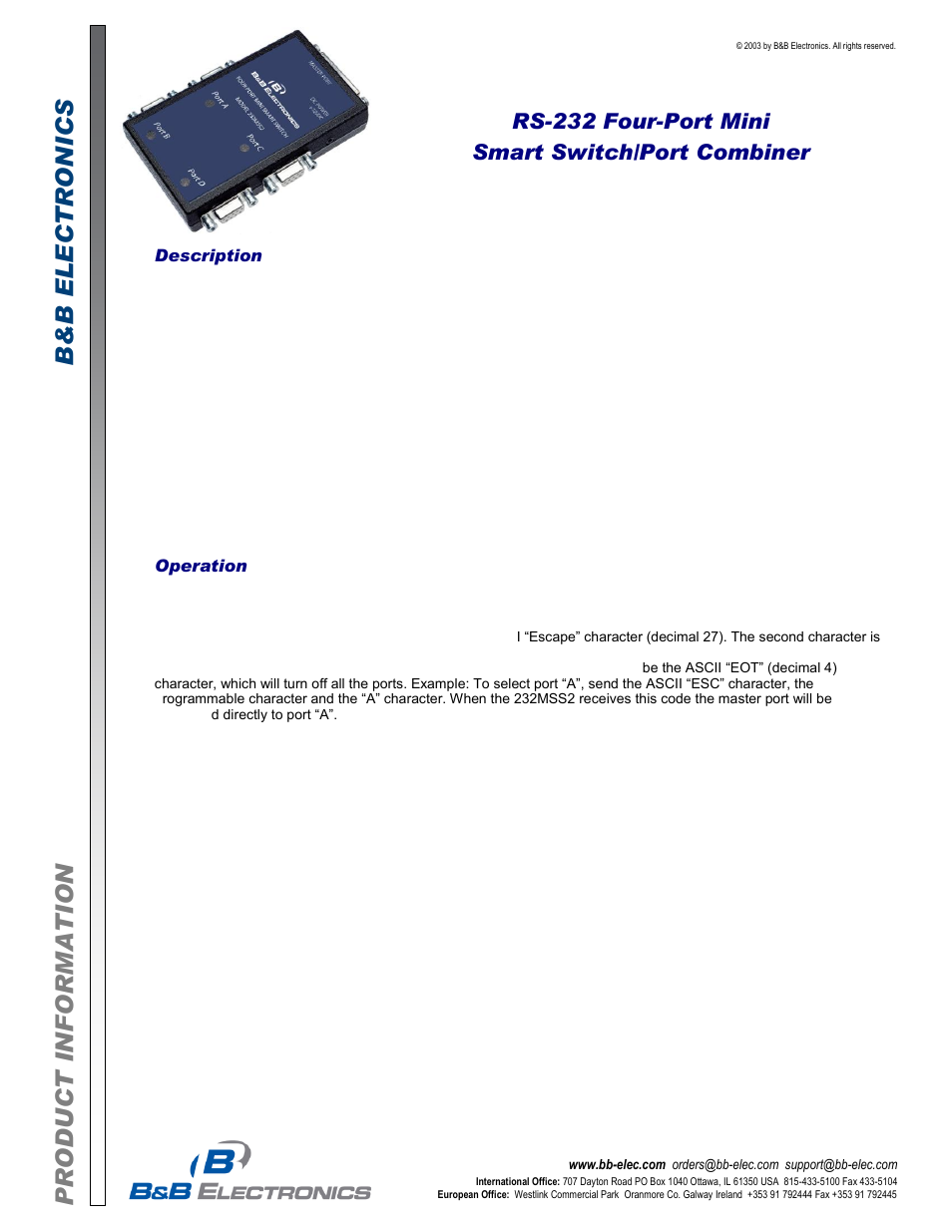 B&B Electronics 232MSS2 - Datasheet User Manual | 3 pages