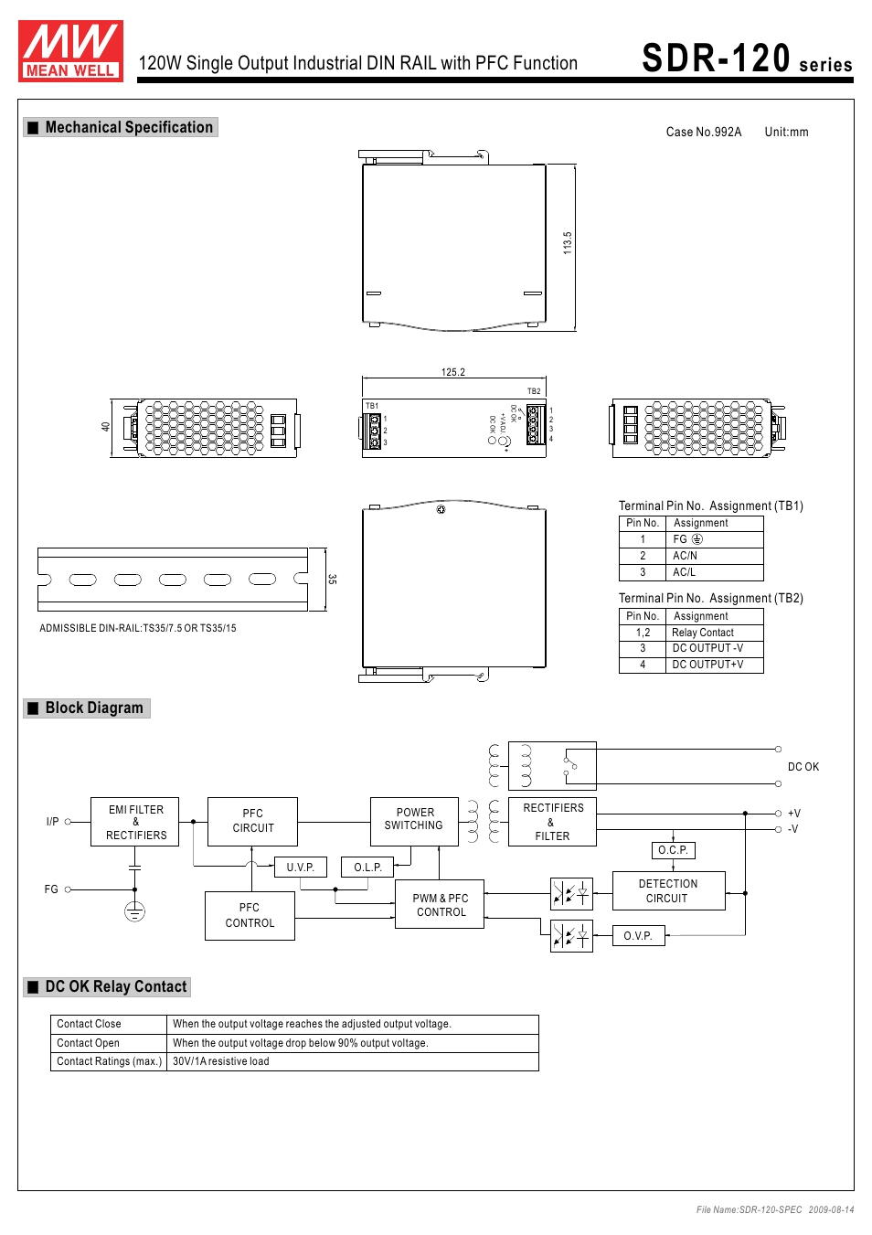 Sdr-120, Mechanical specification, Block diagram | Dc ok relay contact | B&B Electronics SDR-120 Series - Datasheet User Manual | Page 2 / 3