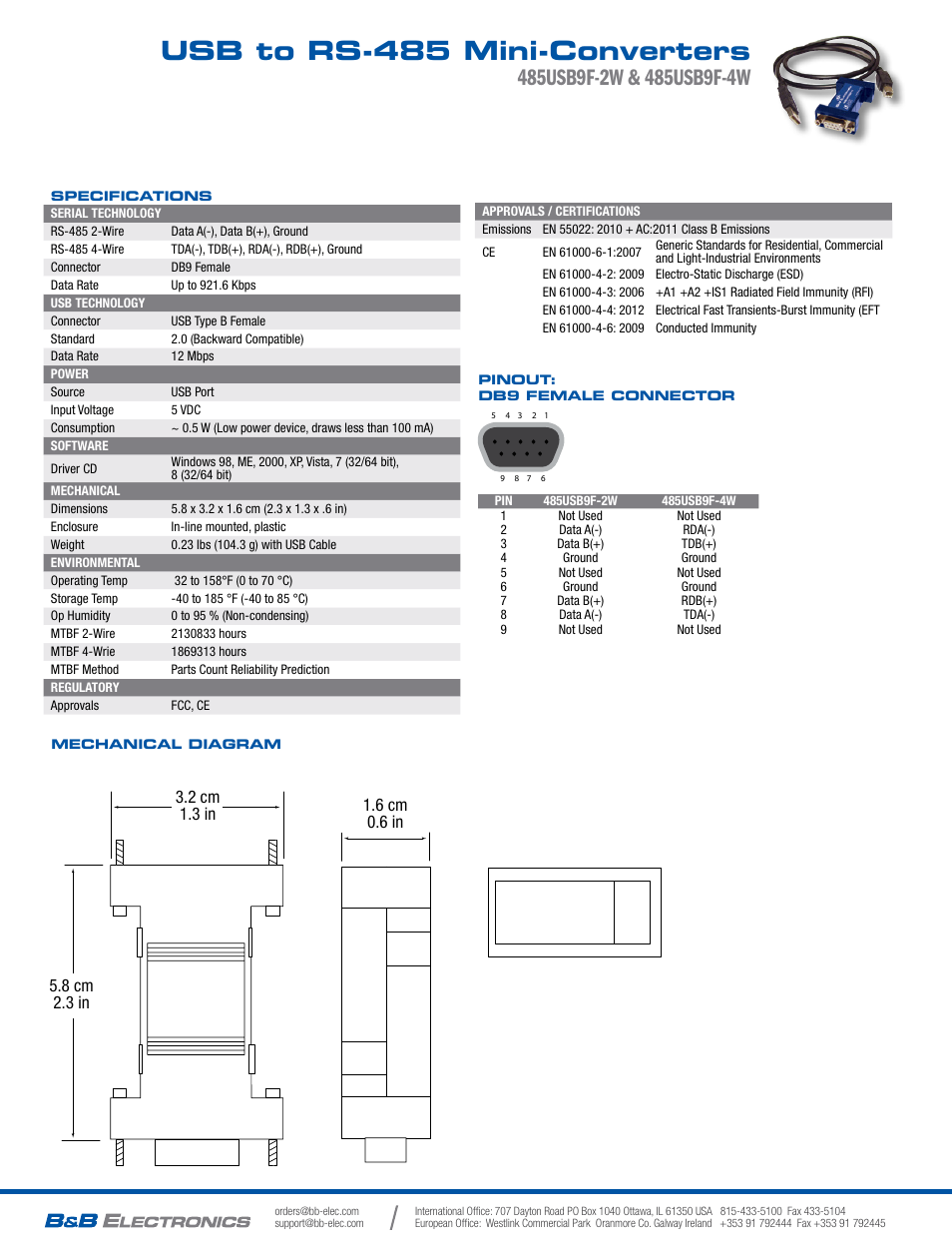 Usb to rs-485 mini-converters | B&B Electronics 485USB9F-4W-LS - Datasheet User Manual | Page 2 / 2