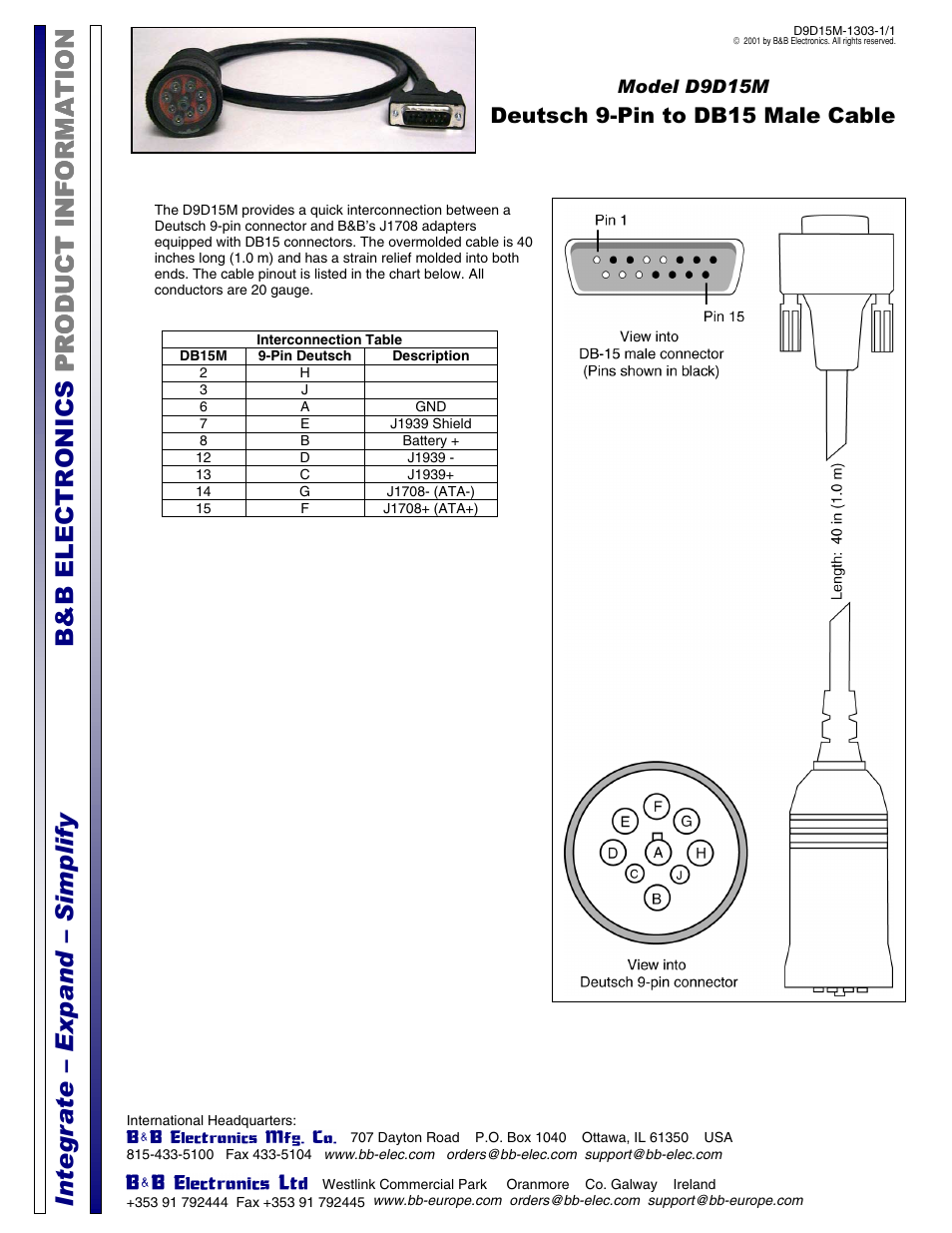 B&B Electronics D9D15M - Datasheet User Manual | 1 page