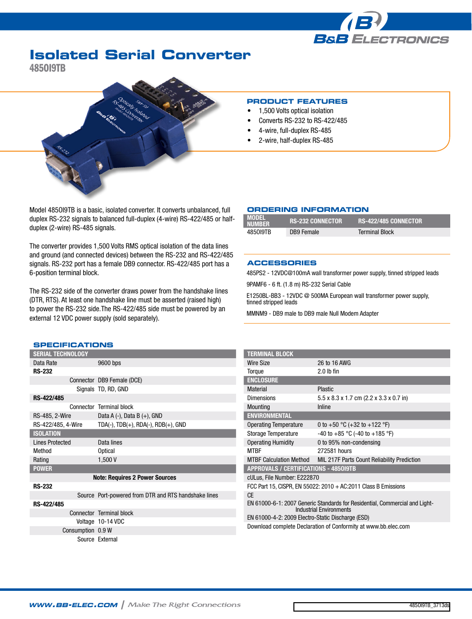 B&B Electronics 485OI9TB - Datasheet User Manual | 2 pages