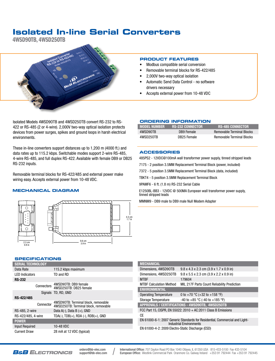 Isolated in-line serial converters | B&B Electronics 485OI9TB - Datasheet User Manual | Page 2 / 2