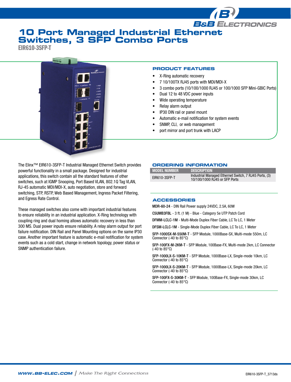 B&B Electronics EIR610-3SFP-T - Datasheet User Manual | 2 pages