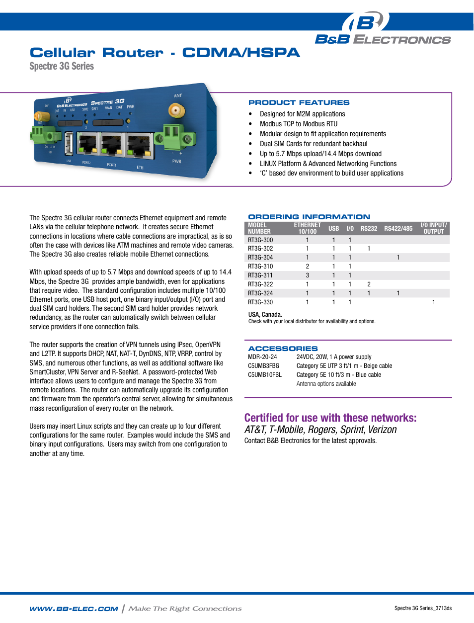 B&B Electronics RT3G-300_302_304_310_311_322_324_330 - Datasheet User Manual | 2 pages