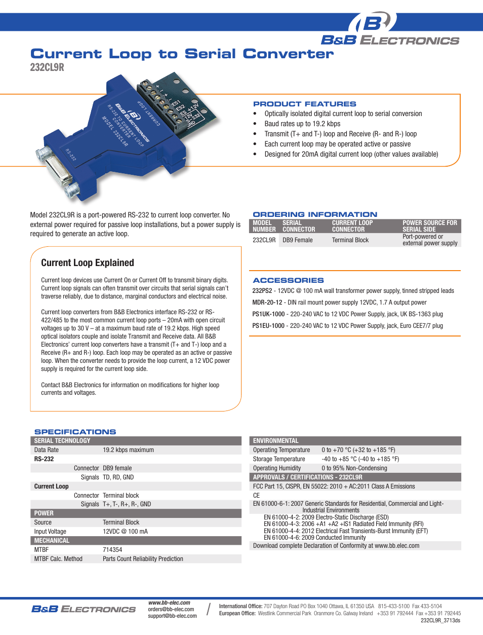 B&B Electronics 232CL9R - Datasheet User Manual | 1 page