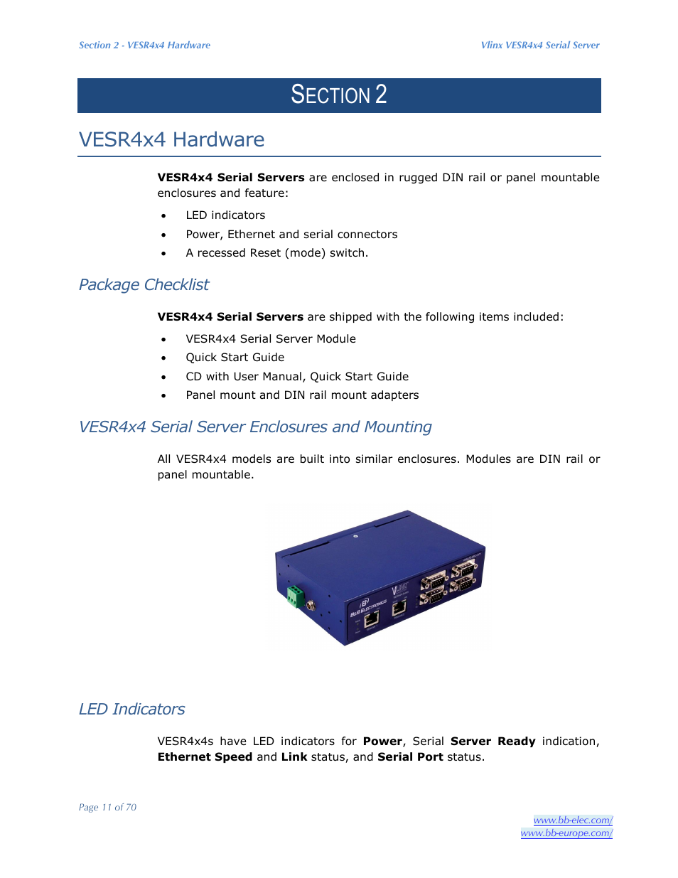 Ection, Vesr4x4 hardware, Package checklist | Vesr4x4 serial server enclosures and mounting, Led indicators | B&B Electronics VESR4X4 - Manual User Manual | Page 11 / 70
