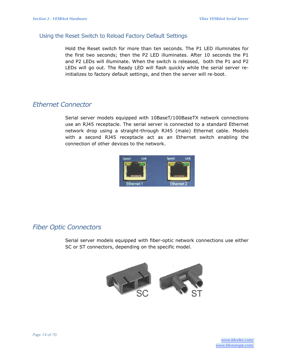 Ethernet connector, Fiber optic connectors | B&B Electronics VESR4X4 - Manual User Manual | Page 14 / 70