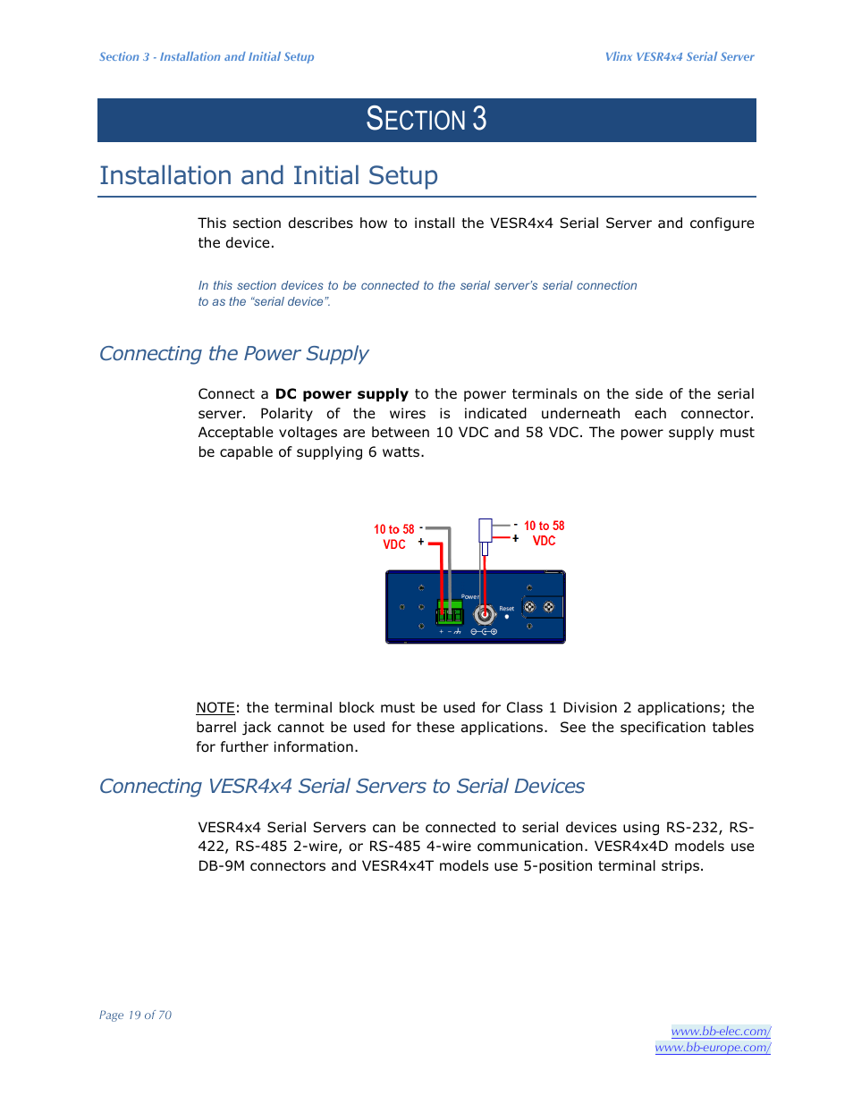 Ection, Installation and initial setup, Connecting the power supply | B&B Electronics VESR4X4 - Manual User Manual | Page 19 / 70