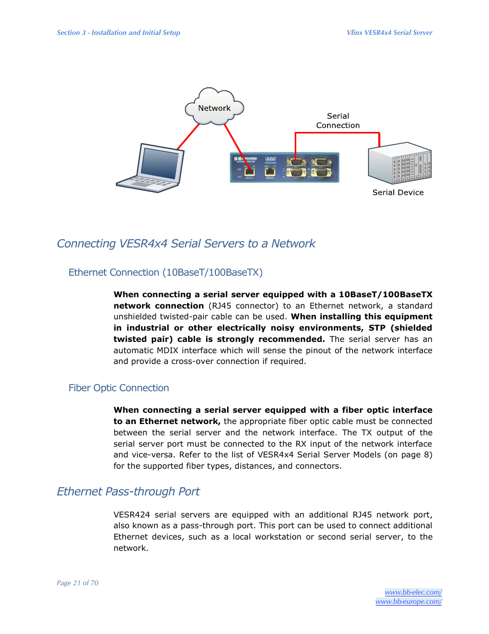 Connecting vesr4x4 serial servers to a network, Ethernet pass-through port | B&B Electronics VESR4X4 - Manual User Manual | Page 21 / 70