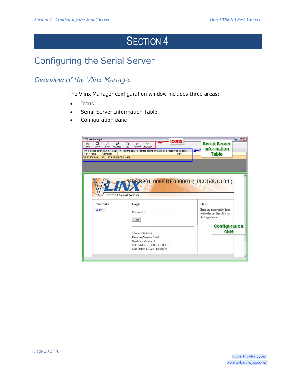 Ection, Configuring the serial server, Overview of the vlinx manager | B&B Electronics VESR4X4 - Manual User Manual | Page 28 / 70