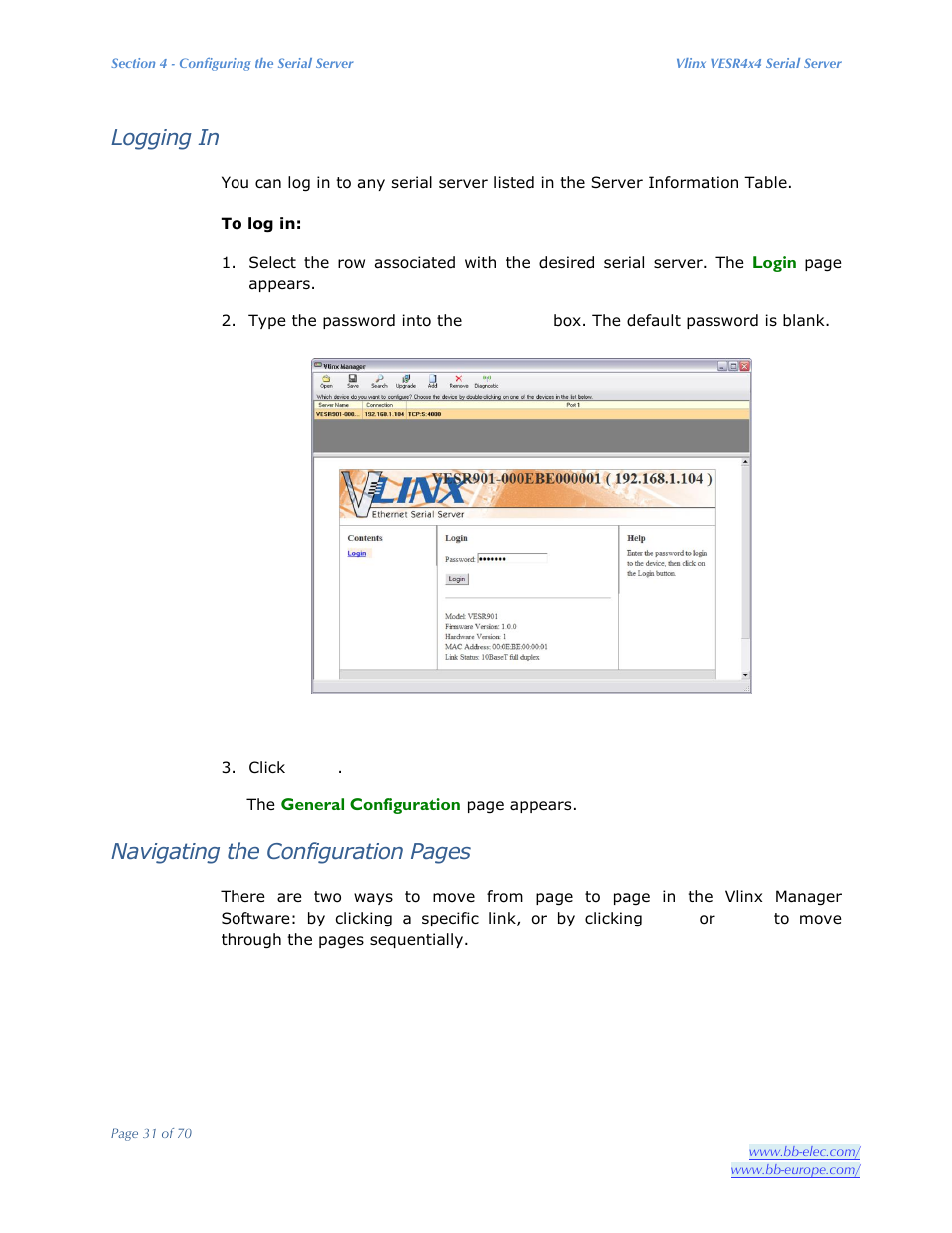 Logging in, Navigating the configuration pages | B&B Electronics VESR4X4 - Manual User Manual | Page 31 / 70