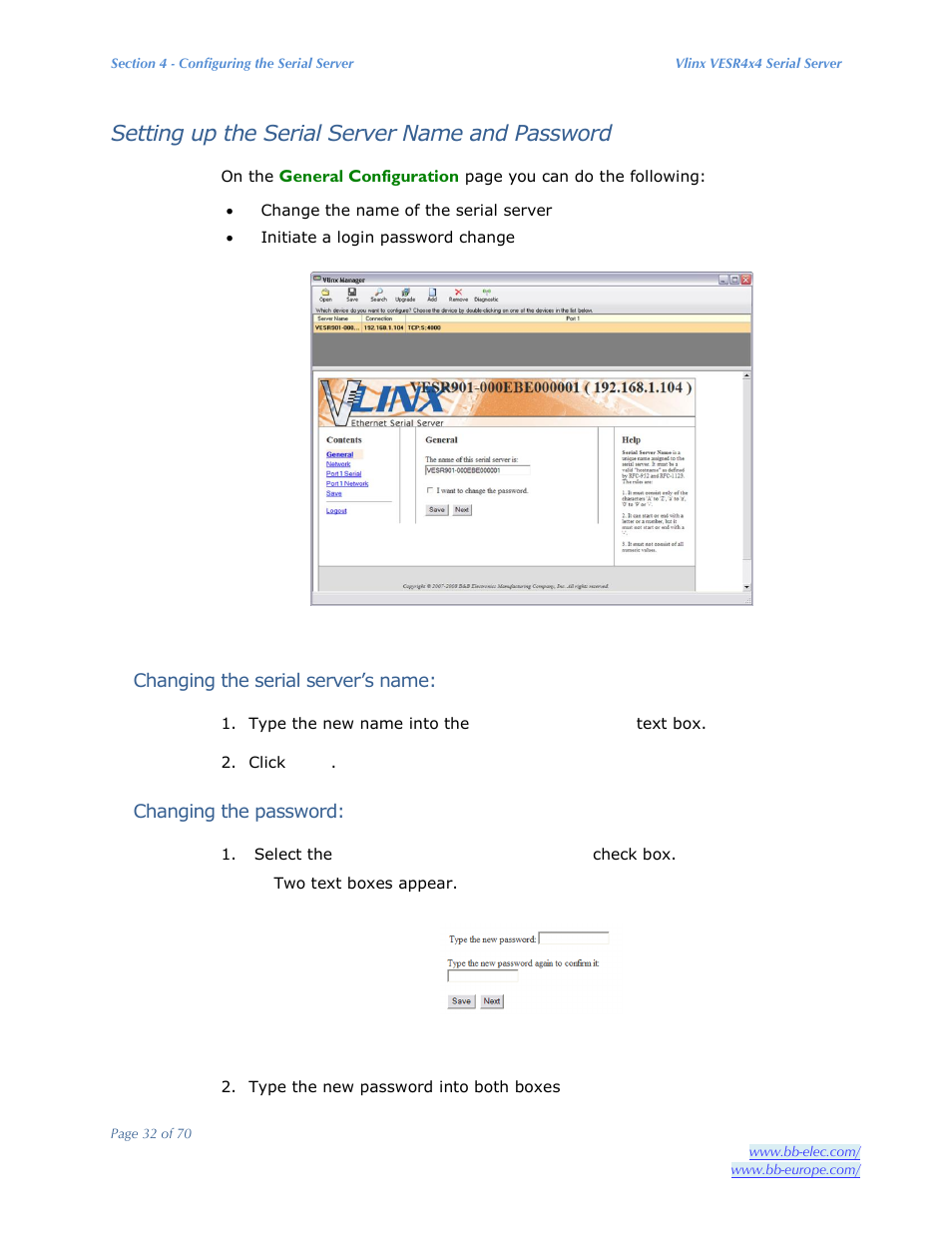 Setting up the serial server name and password | B&B Electronics VESR4X4 - Manual User Manual | Page 32 / 70