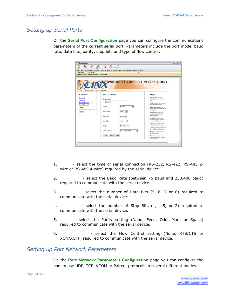 Setting up serial ports, Setting up port network parameters | B&B Electronics VESR4X4 - Manual User Manual | Page 34 / 70