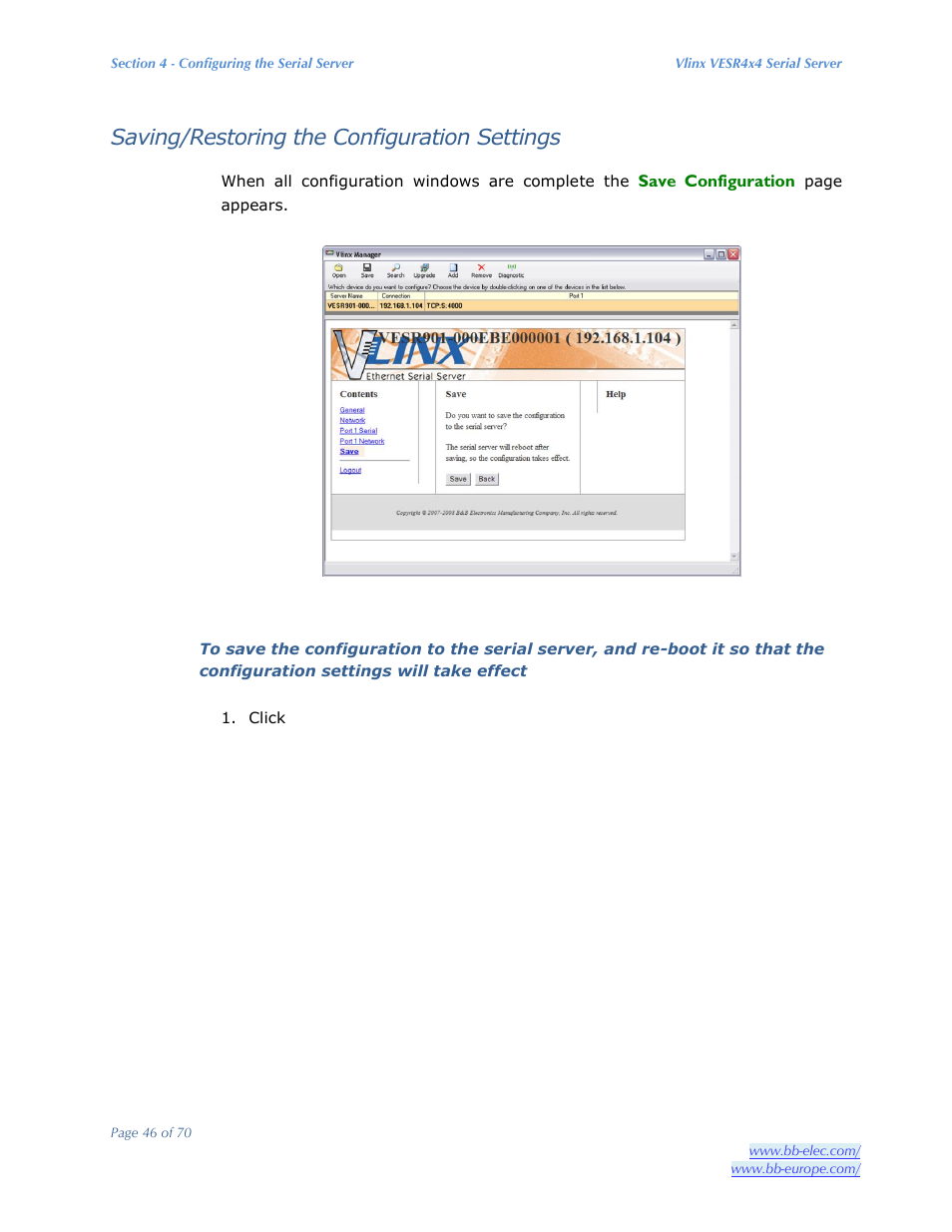 Saving/restoring the configuration settings | B&B Electronics VESR4X4 - Manual User Manual | Page 46 / 70