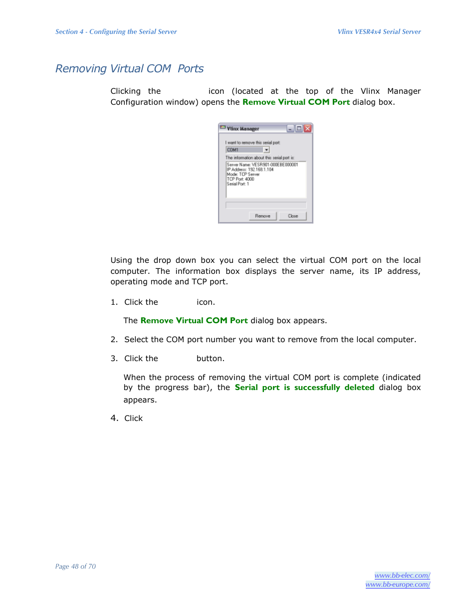 Removing virtual com ports | B&B Electronics VESR4X4 - Manual User Manual | Page 48 / 70